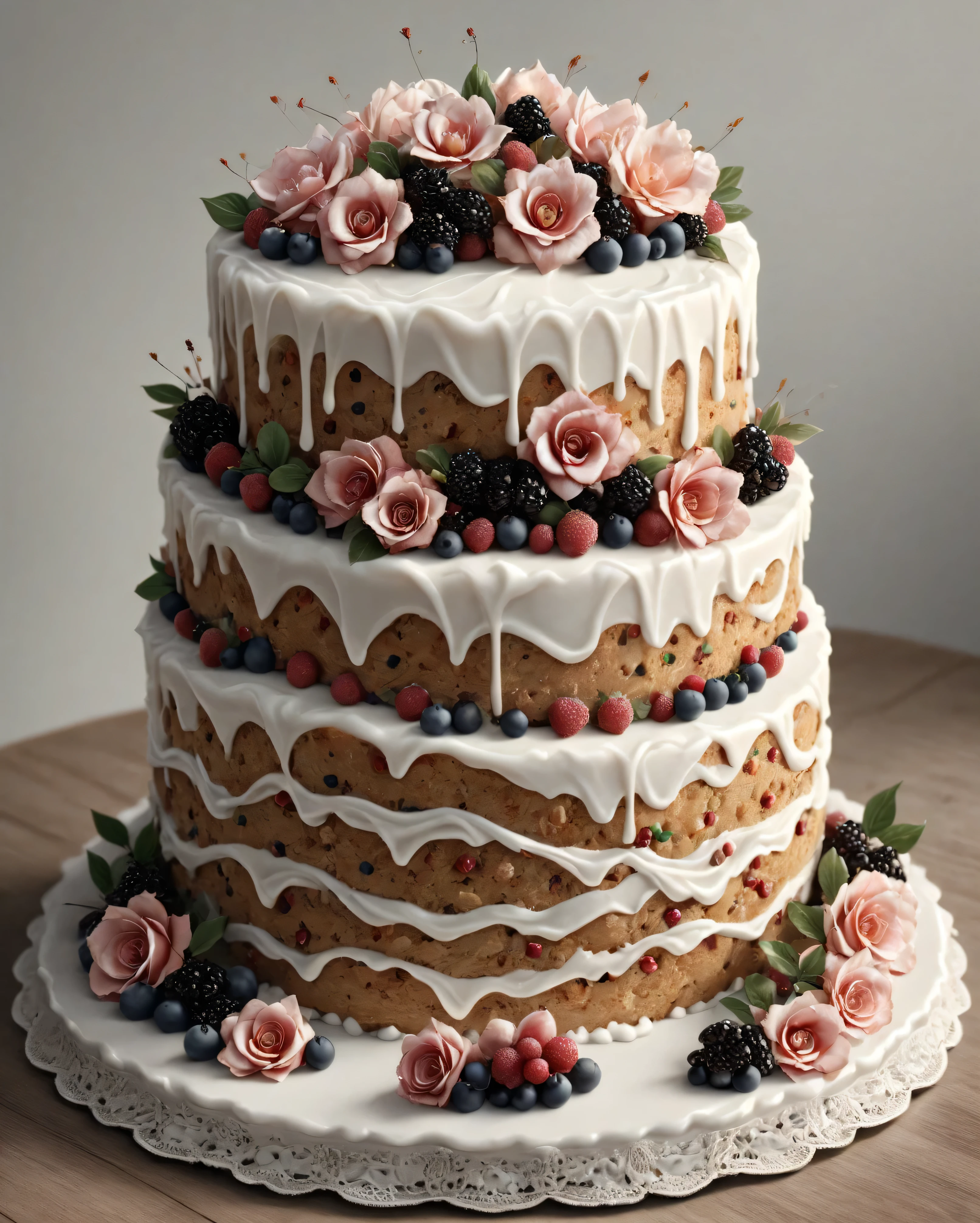 high quality, photorealistic, extra detailed , luxury multi-level cake on an elegant silver stand, delicate cream decor with gold accents, fresh berries adorn each tier, marble countertop, soft natural light