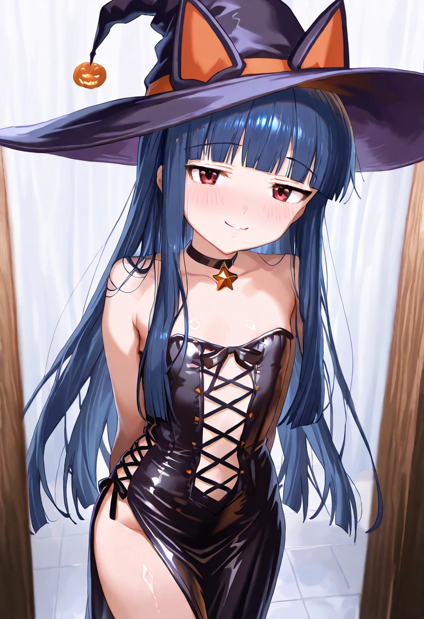 This is the changing room of a Japanese pool.、A woman in underwear changing clothes in the locker room、she is wearing light and black underwear、Naked、Sexy underwear、R-18 、erotic manga、erotic illustration、adult doujinshi、They have pubic hair growing on their thighs.、A woman with a good amount of flesh、He wears a large black witch hat with sapphire accessories