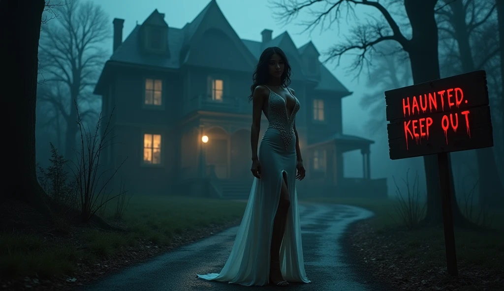 A driving rainstorm on a dark night lit only by lightning. Longshot of a back view of a slender, barefoot, woman with long, dark brunette hair, wearing a sheer, sleeveless, ankle-length, pale blue gossamer nightgown, walking toward an huge, sprawling, evil-looking Victorian mansion that dominates the picture.