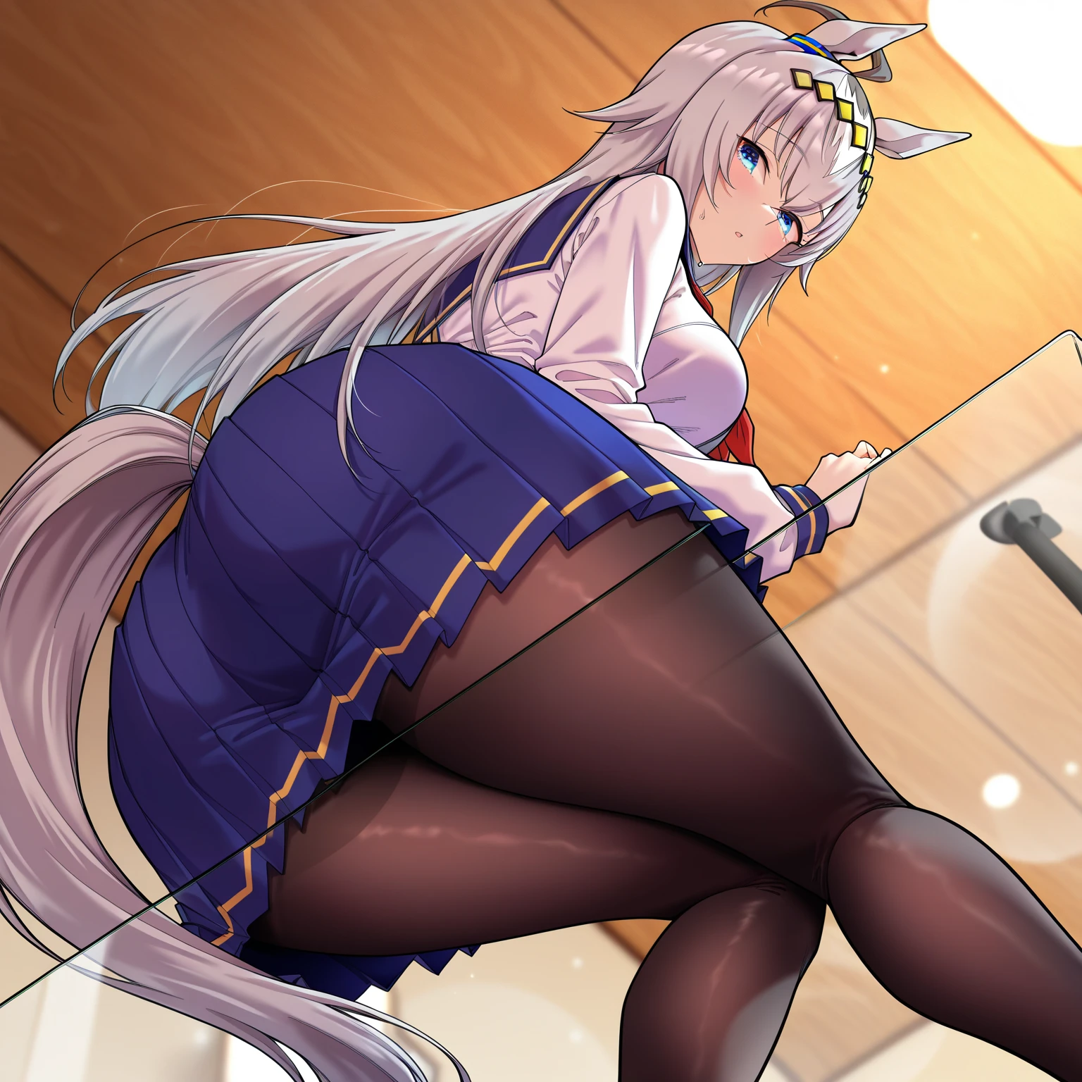 (Highest quality, masterpiece),sexy, ??????, One Girl, 18-year-old, Contempt, pride, Long silver hair, ((Green Eyes)), View your audience, View your audience, Warm Light, ((White Dress)), ((On all fours)), (Small breasts),(((Skirt flip, Panties are visible through black pantyhose,Small Ass,From the back))), Two ponytails,???????