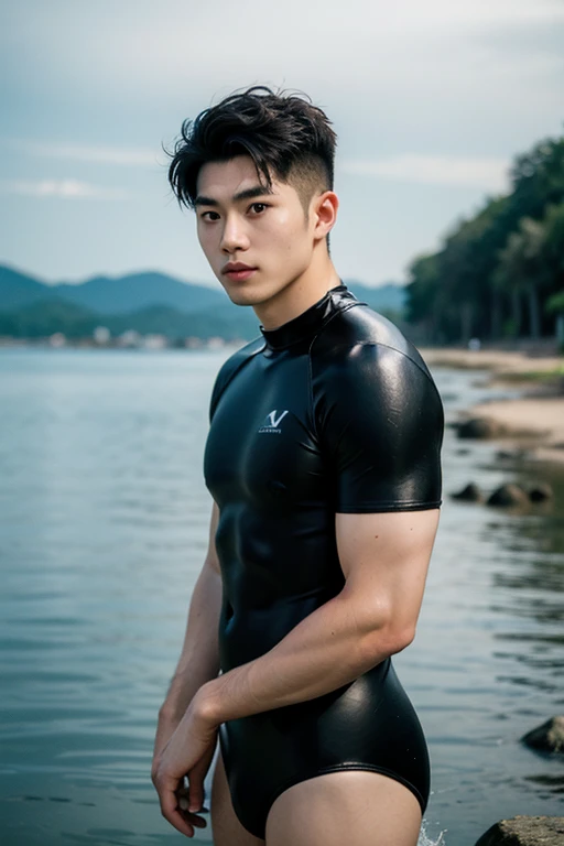 Japanese man , lifesaver , latex swimwear , yellow latex rash guard , Navel exposed , Even the legs are reflected , whole body , visor , beach , light brown hair , vivid , realistic asian handsome face, natural muscles , beardless face, masterpiece, A high resolution, hyperrealism, detailed face, solo, a men, glowing skin, (Asian), (young, teenager , student ), Handsome, detailed background, Handsome