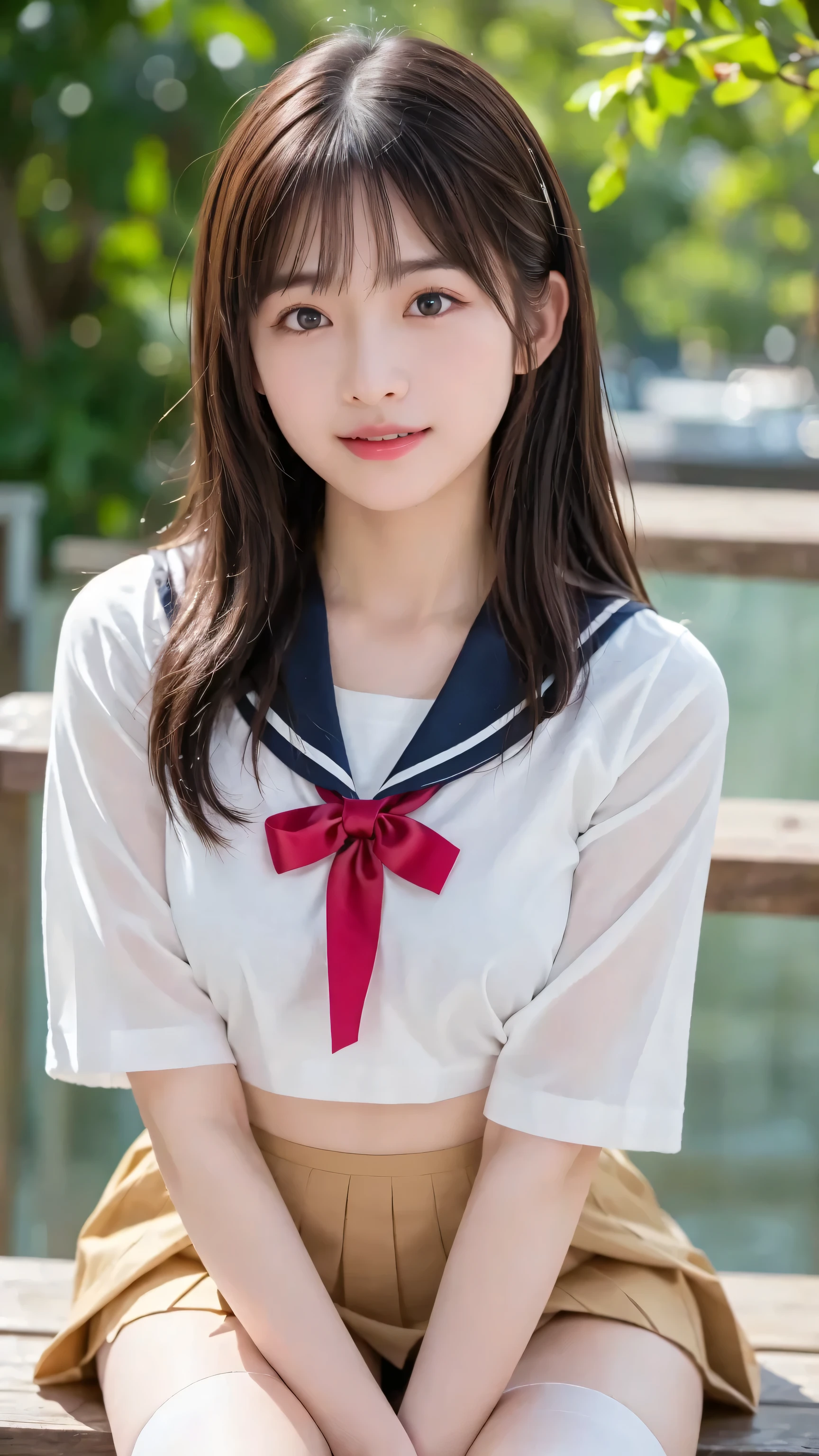 (super highest quality、超A high resolution、８ｋ、masterpiece:1.3)、beautiful woman with perfect figure:1.4、detailed face、detailed eye、double eyelid、high school girl、(((school uniform)))、((sailor suit))、(((best smile))）、mini skirt、long hair、thin脚、cute、Full body Esbian、extraordinary beauty、dark brown hair、Daytime Ocean View、perfect proportions、skirt swaying in the wind、The Year is１７Year、beautiful scenery、blue sky、blue sea、thin、fluttering hair、beach resort、blue sea、Red Sea、navy pleated skirt、((((vagina))))、（show me your pussy）、Spread your legs wide to the left and right、(detailed pussy)、((pubic hair))