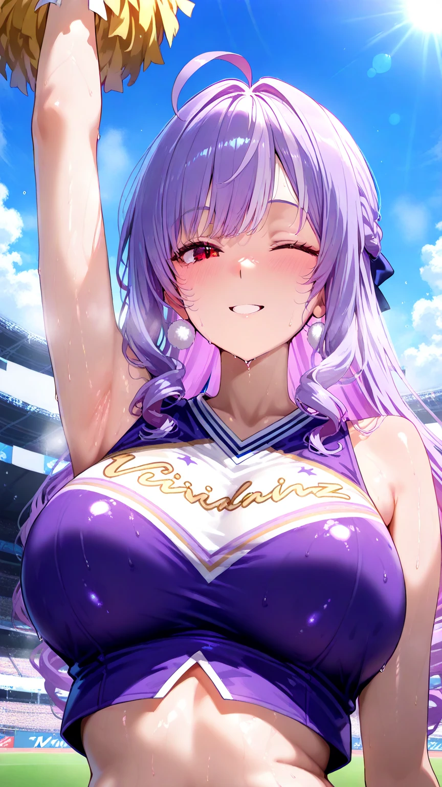 fox girl, big breasts, Voluminous purple hair, masterpiece , red eyes, hd, Head to Chest, buried in my chest、underboob、Cheerleader