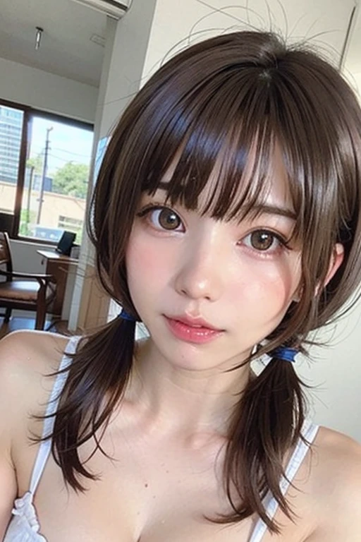 brown hair, hair over shoulder, ponytail, grin, blush, Surrealism, Hyperrealism, Verism, wide shot, UHD, masterpiece, ccurate, anatomically correct, textured skin, super detail, high details, high quality, highres, 1080P, HD, 8k