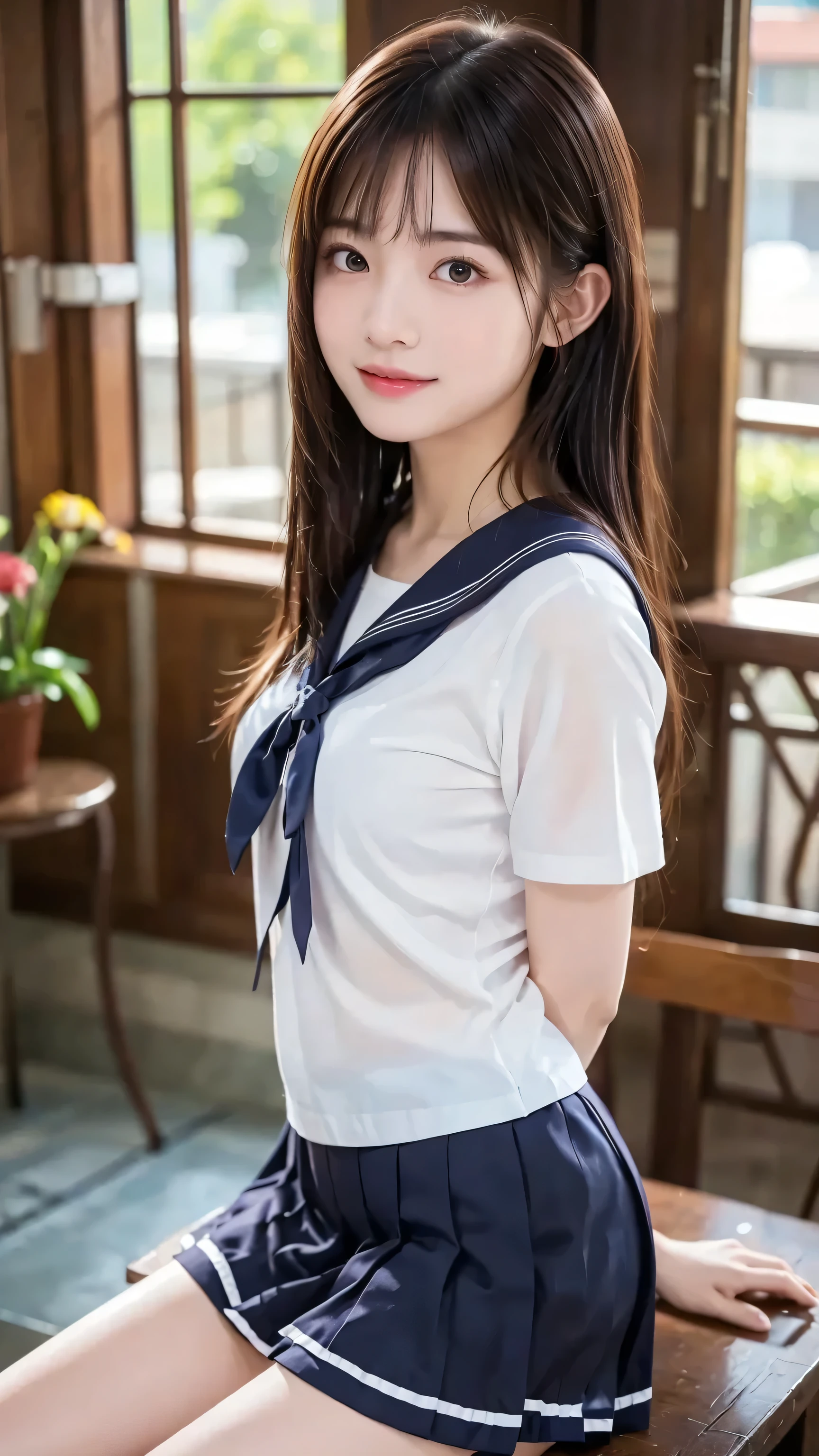 (masterpiece, highest quality:1.2), 8k, Official Art, RAW Photos, Unbelievably absurd, (whole body, Sailor suit:1.4), beautiful girl, 18-year-old、Cute Face, Arched back, Navy Pleated Skirt, close, , Short sleeve, Gardenia, Viola Lace, Pool、Sit on a chair、Looking at the audience, Film Grain, chromatic aberration, Sharp focus, Face Light, Dynamic Lighting, Cinema Lighting, Detailed eyes and face, Background blur, (1 dark red bow tie:1.2)、(heavy rain、Dark Sky:1.5)、One Girl、blush、View your viewers、(Huge breasts:1.2)、Wet Hair、Shiny Hair、Wet Face、Wet Skin、Wet body、Wet costume、flower、hairpin、necklace、Earrings、Depth of written border、Pointy red mouth、Red Mouth,clavicle、Beautiful fingers、Please loosen your tie、cute Wet Face、Wet clothes sticking to my chest、Wet, see-through clothes、Short Hairstyles、View from below
