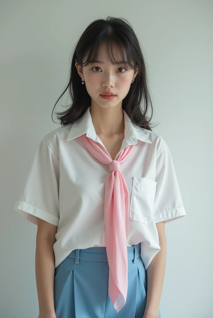 Light pink blouse,Flared ,16 years old,high school girl,Black Hair,bangs,Straight Hair,ponytail,Dark Eyes,Small Face,Young face,Clean eyes,Small Mouth,slender,Young face,,A Cup,In town,live-action,Realistic photos,8K,Smile,Ultra HD,Standing posture,whole body,Pure girl