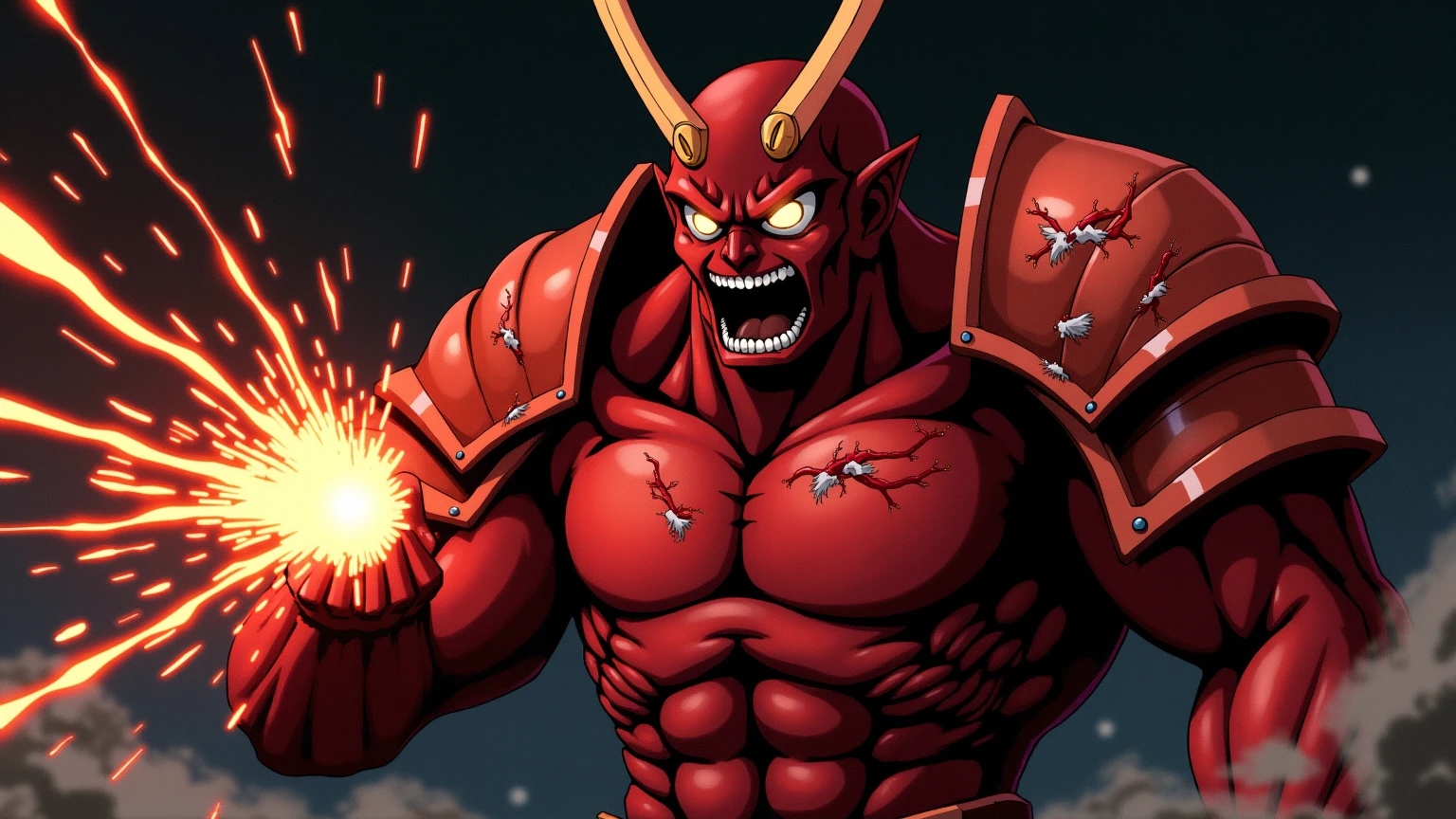 a large red-skinned oni demon, male, red skin, bulging muscles, ripped kimono, long katana, glowing yellow eyes, white hair, spikes on arms, large curled horns, (best quality,4k,8k,highres,masterpiece:1.2),ultra-detailed,(realistic,photorealistic,photo-realistic:1.37),concept art,dark fantasy,dramatic lighting,epic,red and orange color palette,chiaroscuro lighting,moody atmosphere