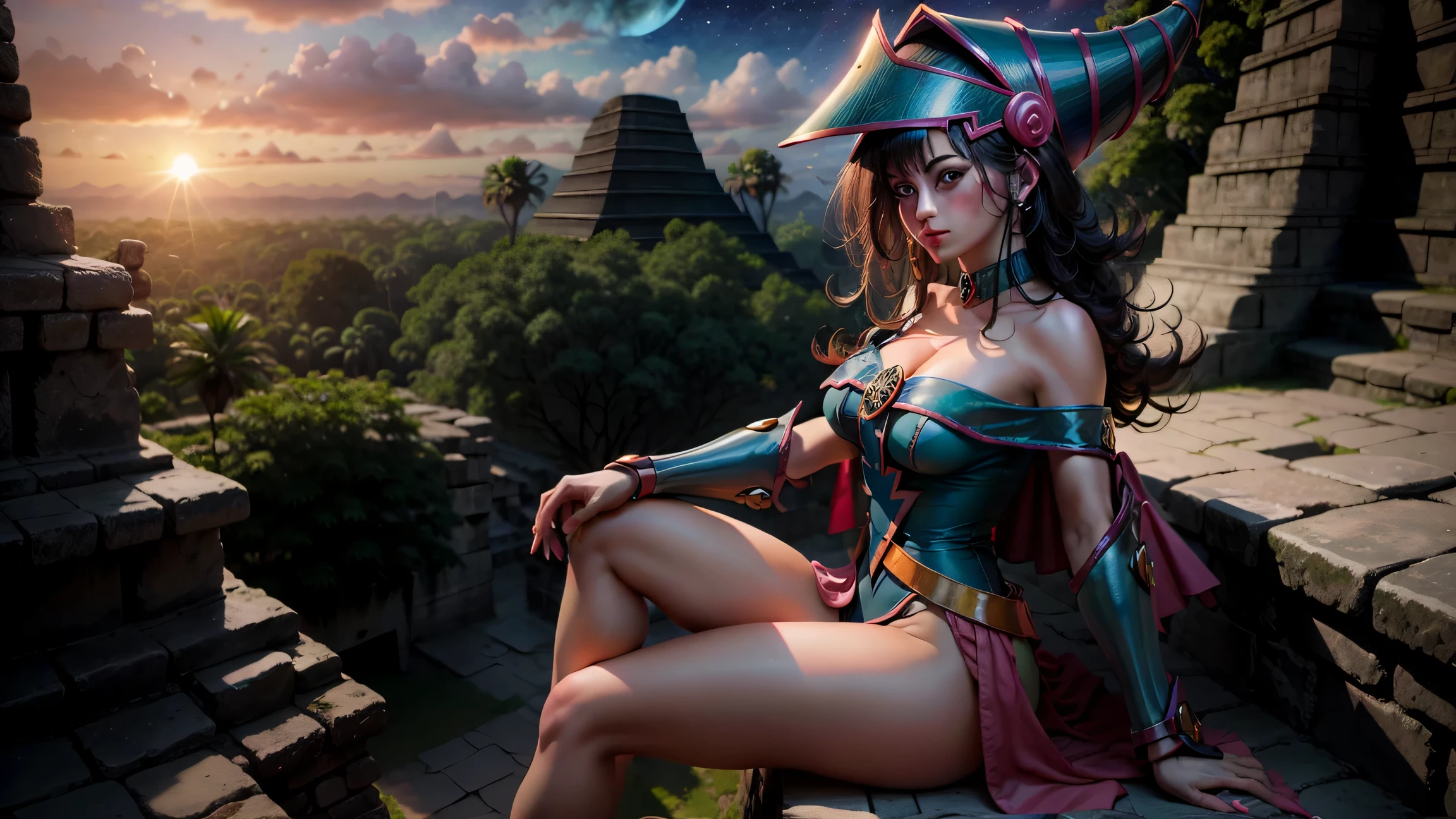 Maga oscura en una ruinas mayas. Ella las sobre vuela. She is in the Aires and sees some Mayan ruins