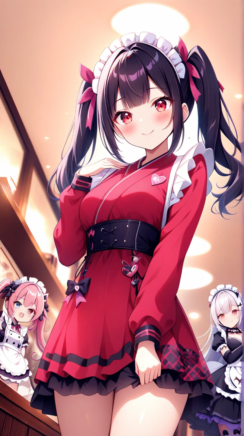 (in a detailed silky red one-piece dress) (solo:2 Twin tails, black hair long hair cute dominance girl, detailed red eyes, love:1.3 smile, big tits), ((18 yo)), break, (holding paper bag) (standing in the hospital bedroom), BREAK, perfect anatomy, masterpiece, best quality, 16k, beautiful detailed darkness, daydreaming expression