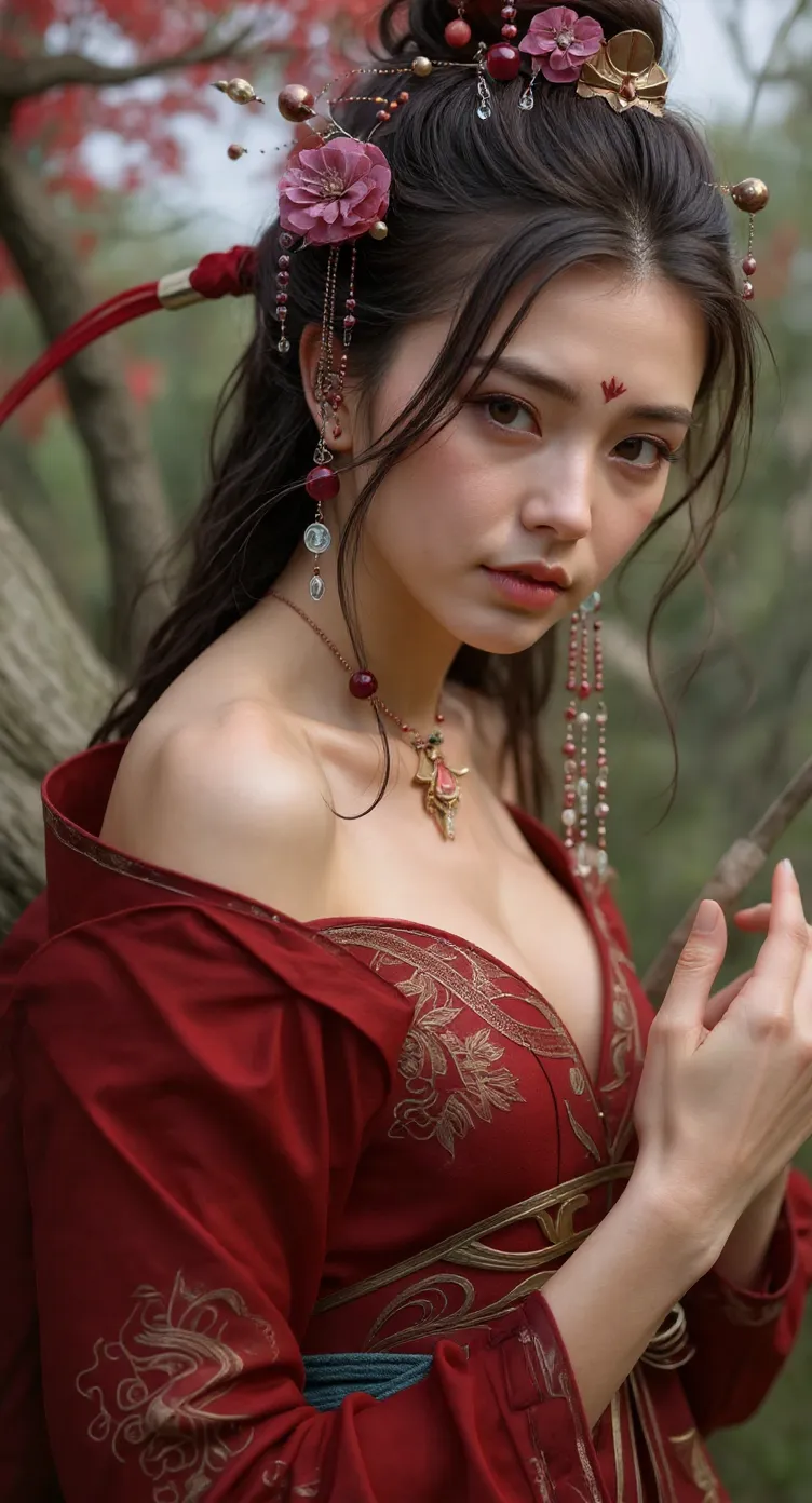 (masterpiece:1.2),highres,1girl,solo,long hair,looking at viewer,breasts,brown hair,bare shoulders,jewelry,blurry,medium breasts,upper body,blurry background,realistic,half-closed eyes,bracelet,see-through,underboob,veil,
<lora:lbc_yuyi_dudou:0.6>,((rose)),(vine),cage,bandage,red rope,(detail light),falling rose petals,