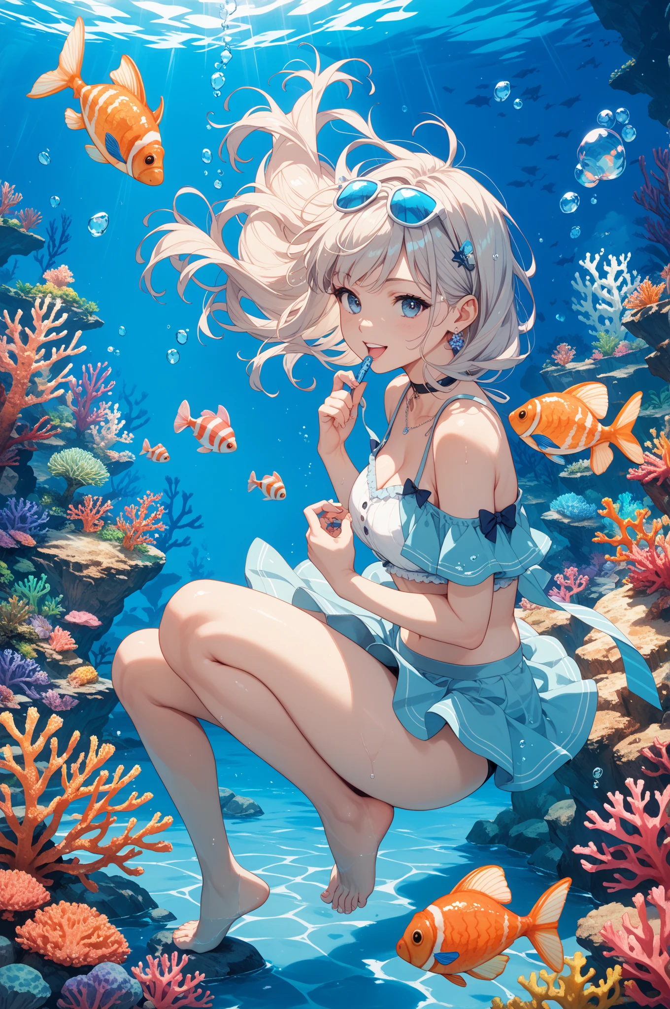 masterpiece, best quality, 1girl, white hair, green eyes, medium hair, jellyfish, fish, underwater, bikini,<lora:GPTS4 dreamwave full_478773:0.3>, <lora:GoodHands-beta2:1>,chibi