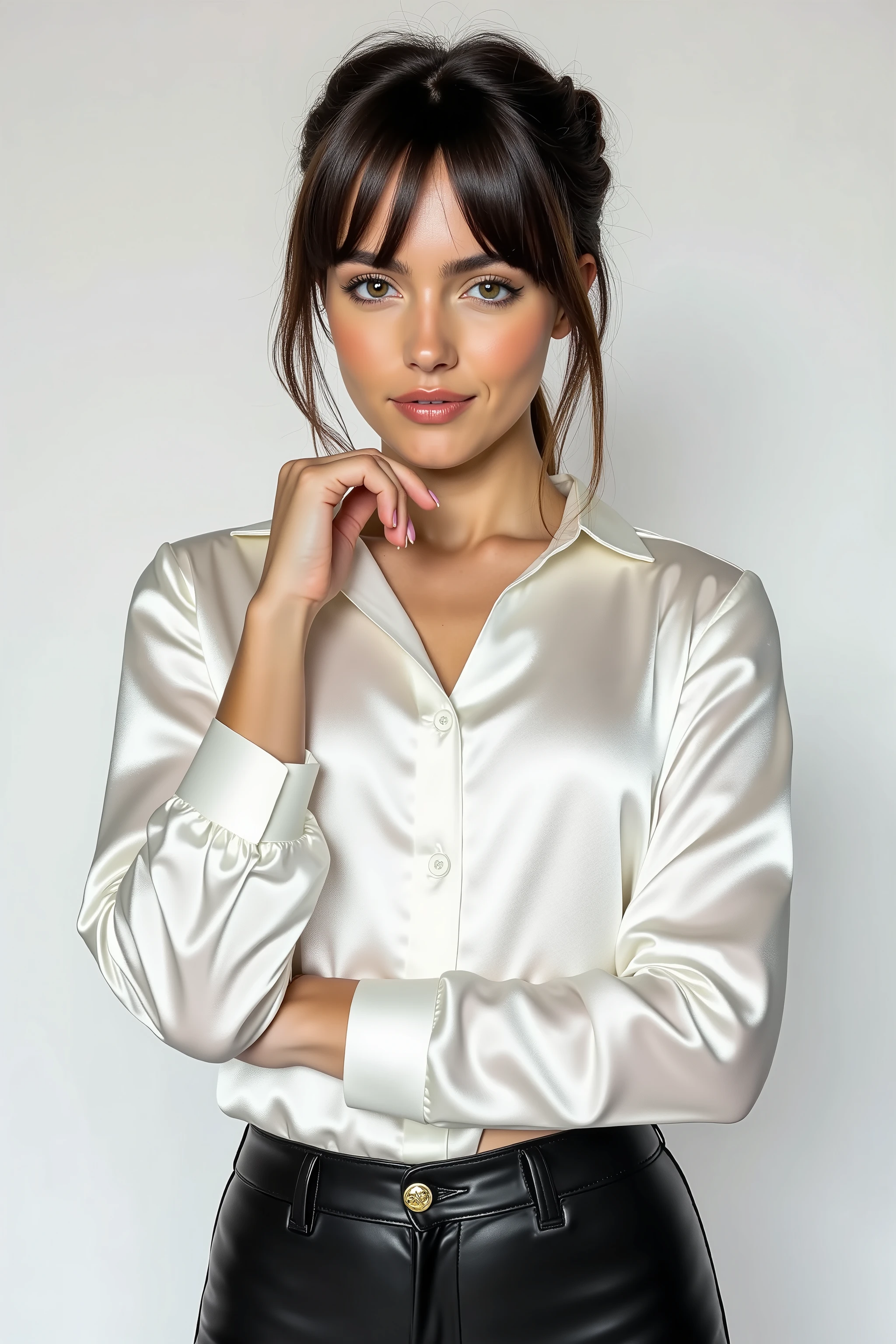 arafed woman, 4'9" tall, English model with a shiny white satin button down shirt, black leather pants, white studio background