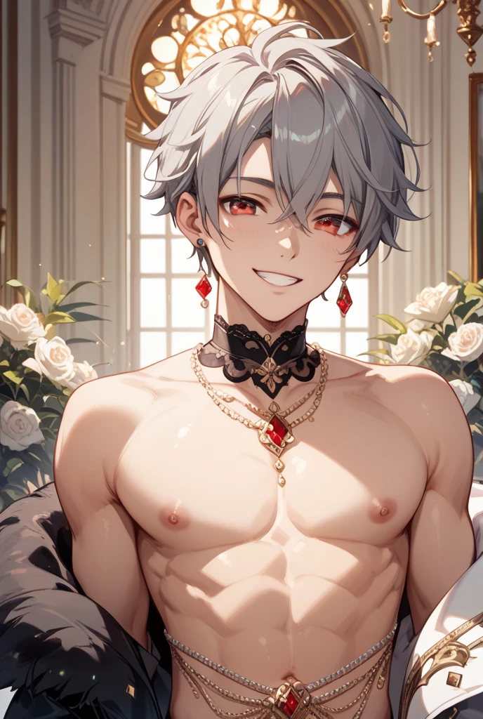 absurdres, highres, ultra detailed, HDR, master piece, best quality, Alhaitham, gray hair, expressive blue eyes, Genshin Impact, solo, sexy man, handsome, horny, lewd, black priest robes, accessories, showing the chest, cross necklace, priest, white gloves, fantasy, magical, white roses, white petals, blue sky, church, Nu Carnival