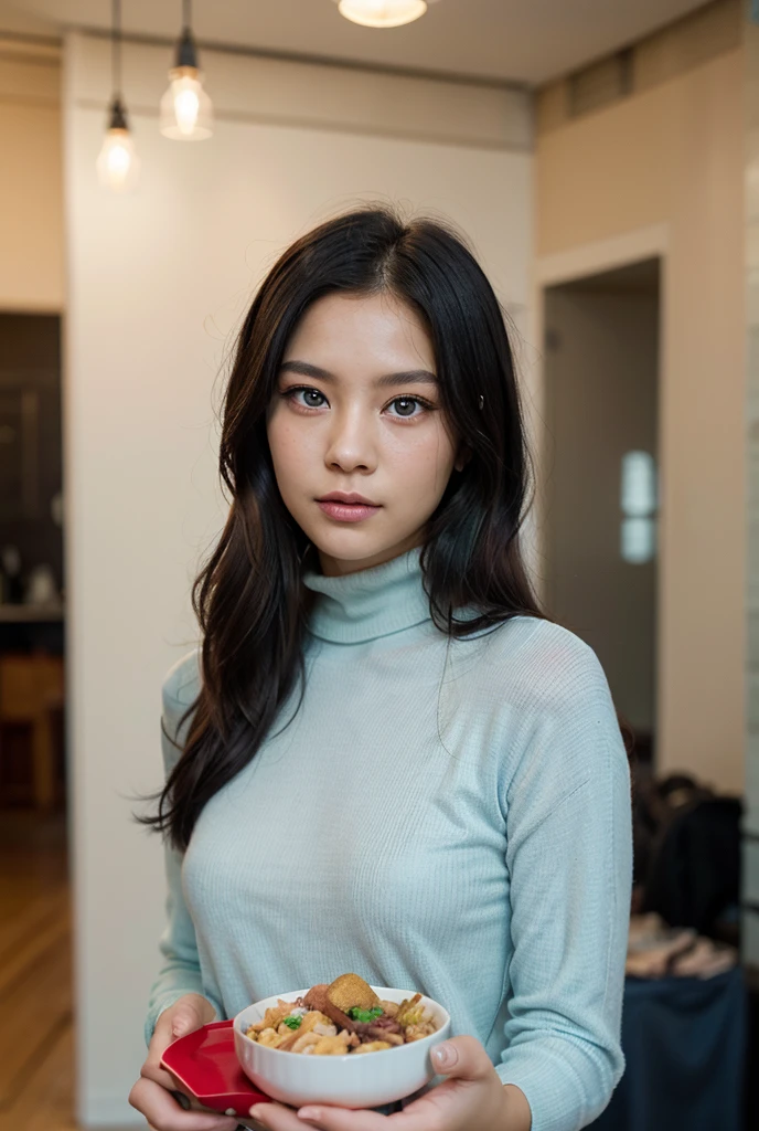 1girl, realistic,natural looking eye and face details, selfies, realistic backgrounds, full lips, lipstick, (makeup), highly realism, details,  Asian woman with black hair, hip-length hair, long hair, coreana, asian features, young cute wan asian face, Ulzzang, asian face, a young cute woman, asian, AESPA,wonyoung, wonyoung IVE, black hair, long black hair, blurry background, hoooooyeony, HoYeon Jung, busty famele, girl with bangs, big, serious girl, Lee Su-hyun, , big breast, thin clothing, seductive girl, small eyes, asian eyes, long hair, attractive girl (( pechos grandes )), 18 years, korean, attractive, big, chubby, facing towards the camera , full body covered with clothes wearing Long sleeves black sweater , full sleeve 