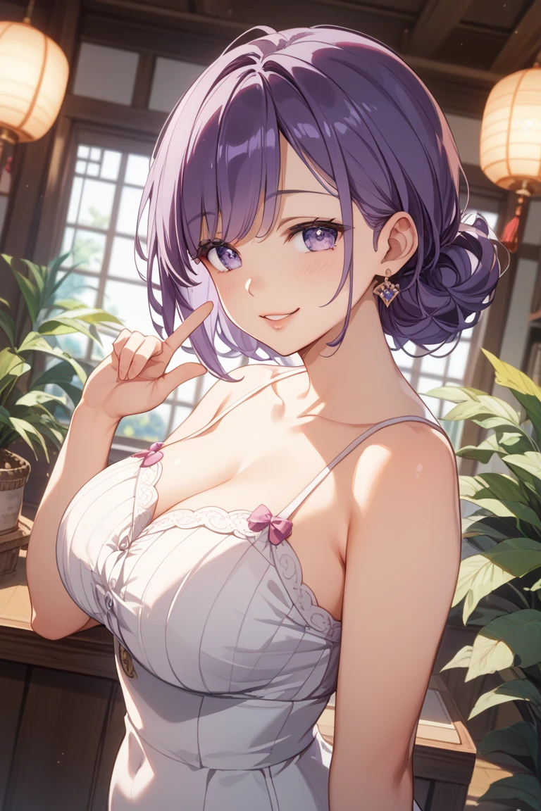 (masterpiece, best quality), 1girl, Lilac Messy Side Bun with Floral Hairpin, Size B breasts,  <lora:Shunga:1>