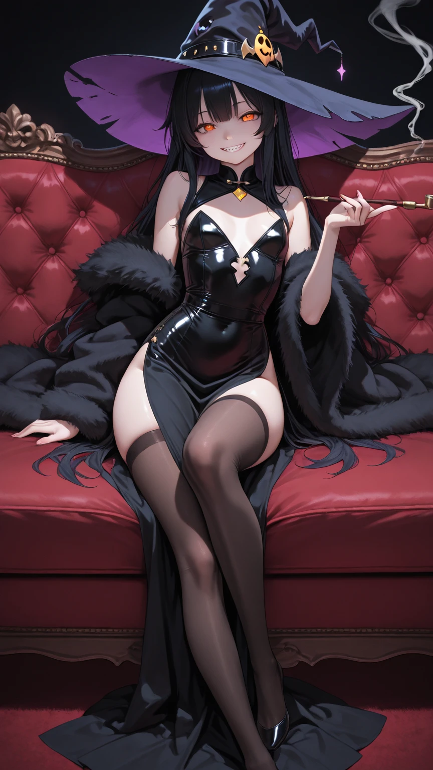 solo, masterpiece, beautiful girl with long brown hair, bangs, large bust, bdsm outfit, beautiful red eyes, full body, gothic outfit