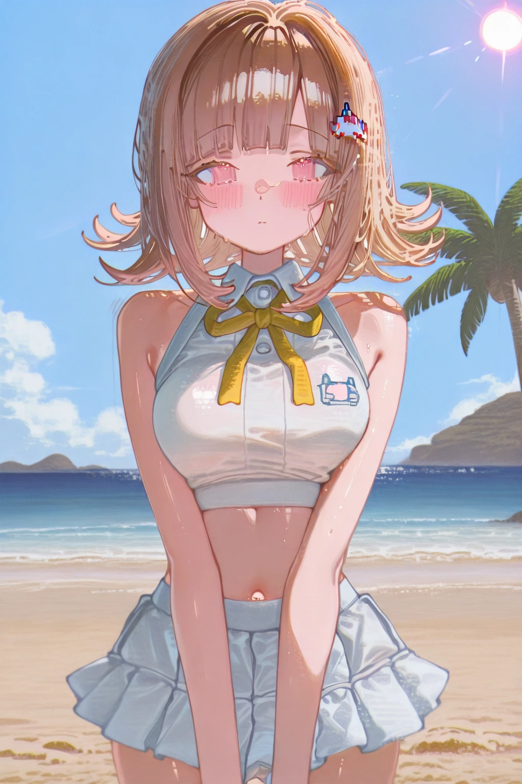 (dynamic angle),in the sandy beach, ocean, splashing, blue sky, windy, rim light, sunlight, beautiful lighting, strong light,pale Light orange Hair, long hair, twintails, hair ribbon, girl1very sexy side-tie bikini bottom,(bikini lift:1.6),(bare breasts:1.6) (upper body), (small nipples:1.6), (small areolas:1.6), kawaii, cute, pale purple eyes,(shy), (blush),(light smile),(pussy line)