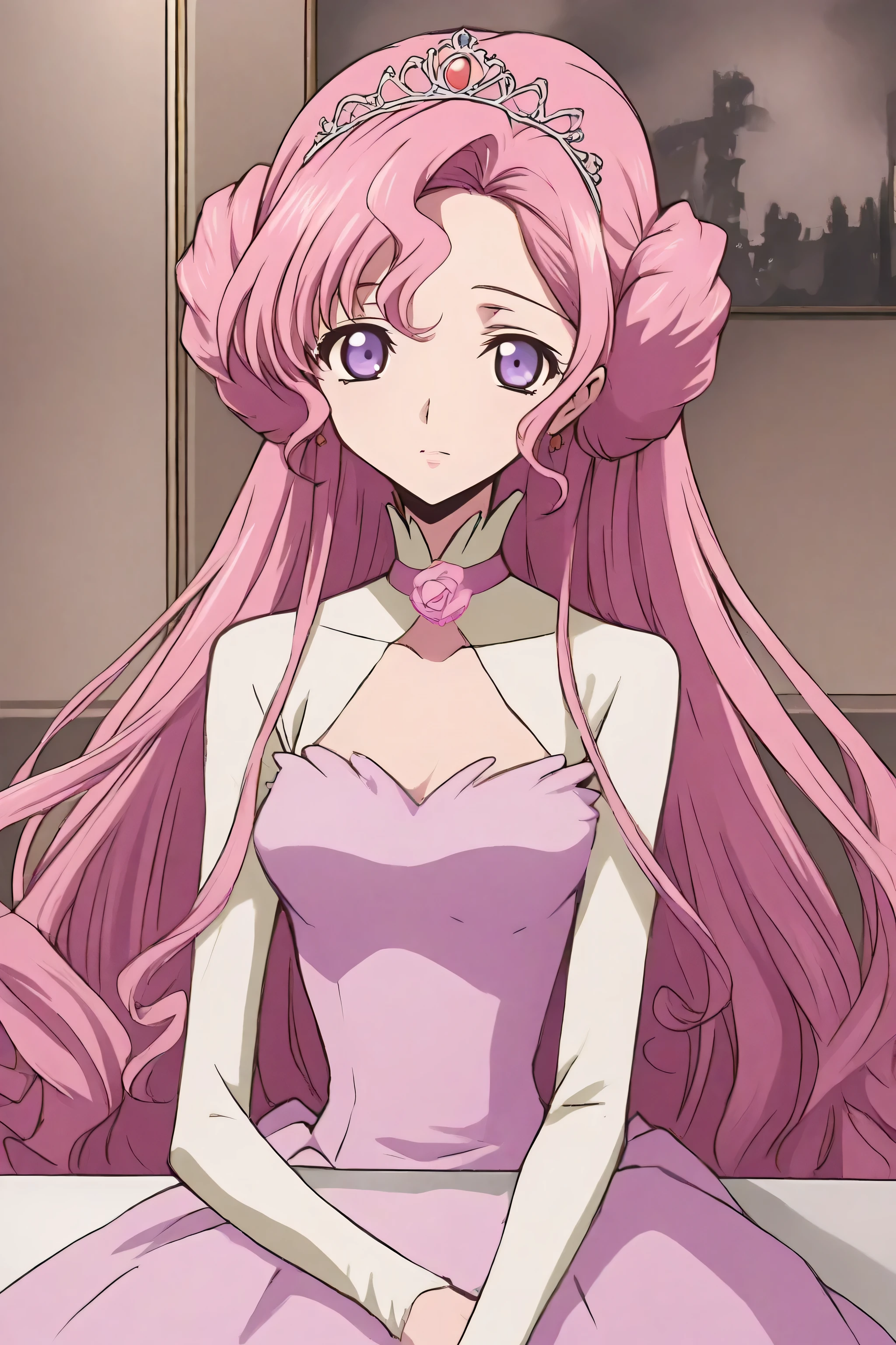 Empress, sitting at the table. pink curly hair up to the shoulders, soft pink dress, purple eyes. is left with an innocent look, looking at the viewer. and the tiara on the head. много бумаг на столе