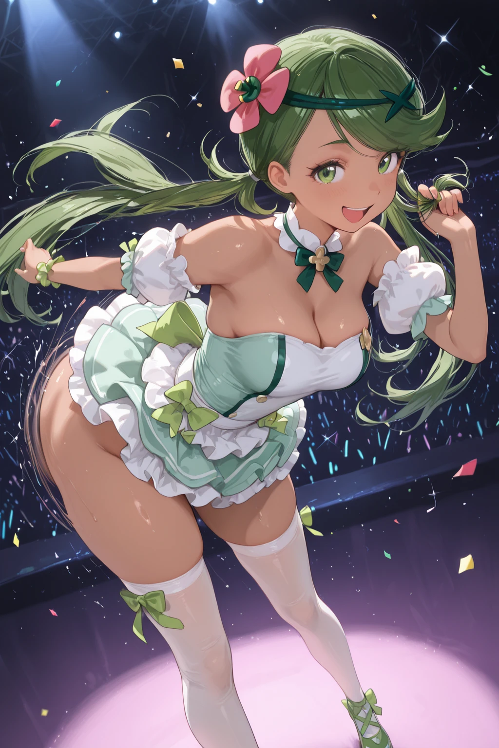 Beautiful Woman with green eyes and brown hair in a ponytail, with big lips, with big breasts and a big butt, wearing a frilly green bonnet, a frilly green tutu, a frilly white diaper, white stockings, in a bedroom, bending over, smiling