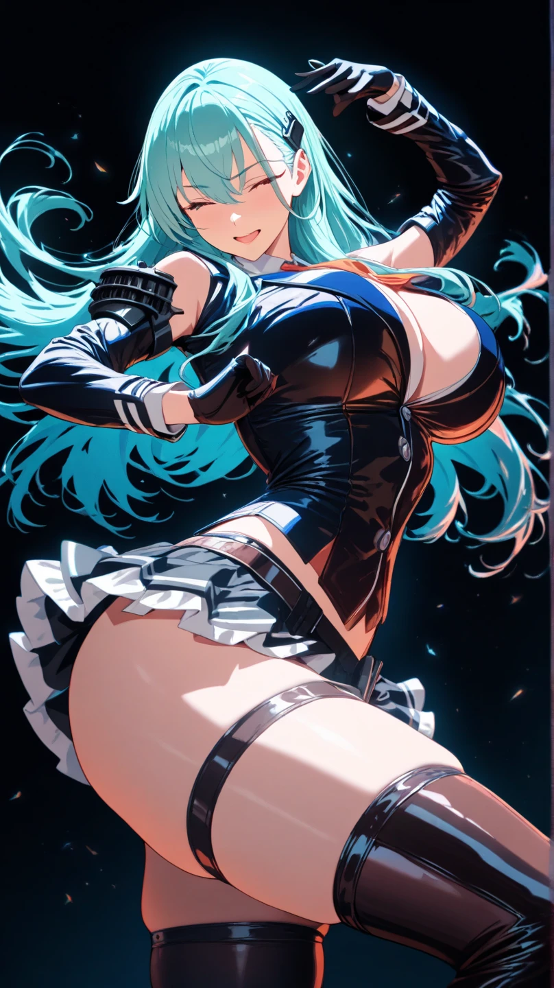 1girl, aqua_hair, areolae, bare_shoulders, black_legwear, blue_hair, blush, breasts, cosplay, gigantic_breasts, gloves, gradient_hair, grey_background, hatsune_miku, hatsune_miku_\(cosplay\), huge_breasts, long_hair, multicolored_hair, necktie, plump, skindentation, skirt, sleeveless, solo, standing, thick_thighs, thighhighs, thighs, twintails, underboob, underboob_cutout, undersized_clothes,,masterpiece,best quality,outdoors,house, night,cleavage, closed_mouth, emblem, eyebrows_visible_through_hair, , full_body, revealing clothes,thick thighs,wide hips,pantsu peek,(((masterpiece, best quality, ultra-detailed))), (illustration), (beautiful detailed eyes), ((very detailed face)), string bra, twitter_username, uniform, v_armasterpiece, best quality), backlighting, lens flare, wide shot ,( depth of field, close-up:1.5), ultra-detailed, illustration, colorful, (falt color:1.3), (imid shot:1.3), Dynamic angle,