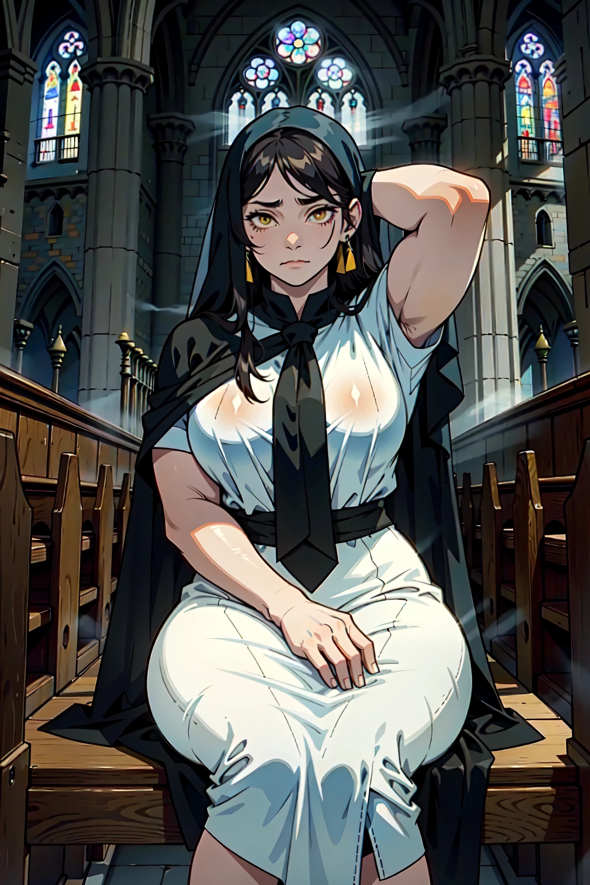 (a girl:1.1)standing near a castle,(creepy)Dracula style, (dark and mysterious)in the moonlit night. The girl, named Karin Nagatoro, has (beautiful detailed) piercing blue eyes, (long flowing) raven black hair, and (pale white) flawless skin. She wears a (gothic) black dress that perfectly complements the (sinister) atmosphere. Karin's lips are (beautiful detailed) blood-red, adding an alluring yet haunting element to her appearance. The castle stands tall with (ancient, intricate) architecture, adorned with (ominous) gargoyles and (eerie) cobwebs. The (creepy) atmosphere is intensified by (subtle fog) rolling through the grounds, and (eerie) bats flying overhead. The castle's surroundings exude an air of mystery, with towering trees casting (ominous) shadows on the courtyard. The moon, in its full glory, illuminates the scene with a (haunting pale glow). The artwork is created with a (photo-realistic:1.37) style, imploring (masterpiece:1.2) quality, showcasing (ultra-detailed) textures and (sharp focus). The colors are (vivid and contrasting), with a combination of (deep blacks) and (rich reds) dominating the palette. The lighting is skillfully done, with (subtle) moonlight cascading through the castle windows, casting (intricate) shadows on the surroundings. Overall, the artwork depicts Karin Nagatoro, a mysterious girl, standing near a haunting castle in a Dracula style. The scene is filled with (creepy) elements, creating an atmosphere of suspense and intrigue. The high-quality rendering and attention to detail add depth and realism to the image, making it a compelling piece of art.