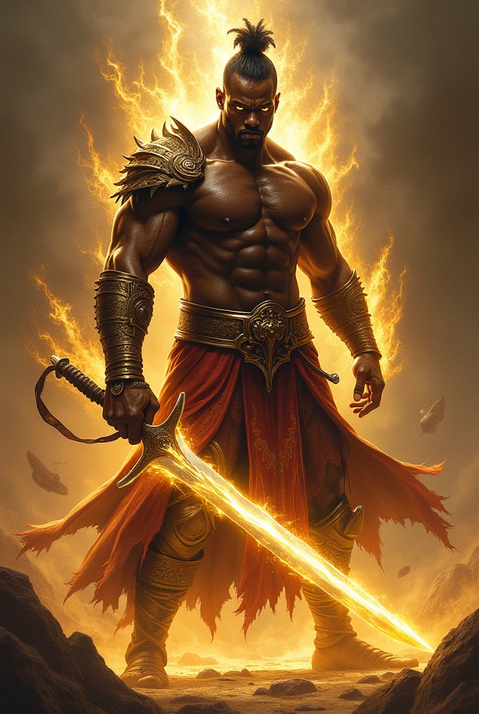 Realistic photograph African black man, extremely strong, muscular arms, bald, in his hands a small war axe with two blades, bare legs with a red skirt at the waist tied with a thick leather belt, is engulfed in flames that point to the sky in a dance in the wind