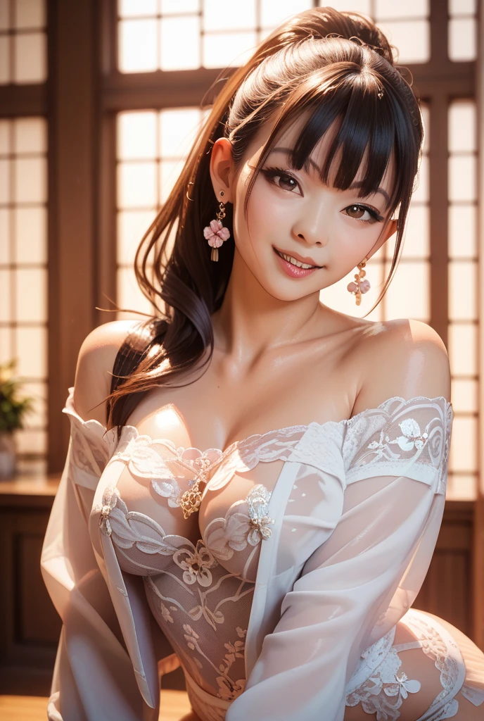 Huge breasts, One girl, alone, View your viewers, Black Hair, Holding, Brown eyes, Upper Body,lips, sash, heart, Backlight, Realistic, Holding fan