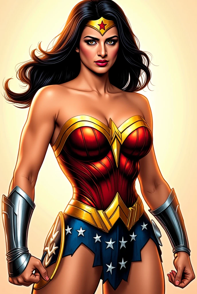 whole body, Wonder Woman wearing a company badge, (holding a laptop with both hands) at waist height, Art style by Mike Deodato, 8K, details Intricate, cinematic lighting, dramatic pose, strong facial features, beautiful detailed eyes, beautiful detailed lips, extremely detailed face and portrait, long eyelashes, hight contrast, dynamic composition, swirly vibrant colors, chiaroscuro lighting, photorrealistic, work of art