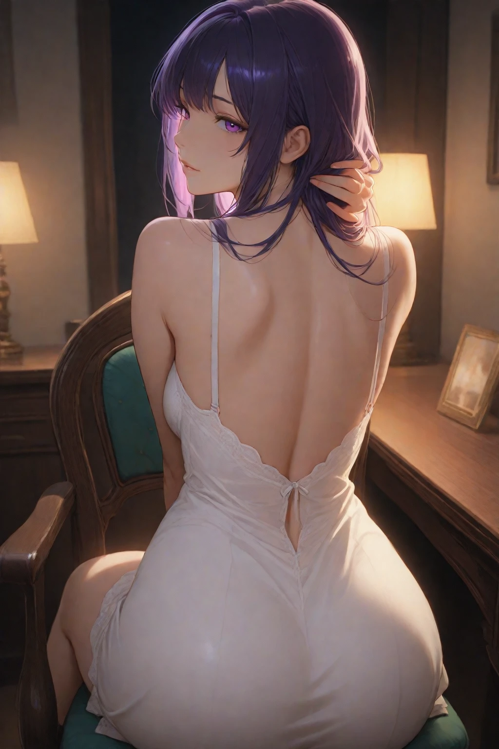 (Multiple men:1.5)、(masutepiece:1.5)、(top-quality:1.5)、(16k wallpaper:1.2)、(Photorealsitic:1.2)、(ultra-detailliert:1.2)、(超A high resolution:1.2)、super-detaild skin、Detailed and clean eyes、Dark room in a love hotel、Dark Mirror Room、(Hands on the wall)、Natural Color Lip、(Stick your butt out)、(Purple Lingerie:1.3)、Semi-long bob hair、large full breasts、Seen from above、embarrassing smile、sexy pose、Seen from behind