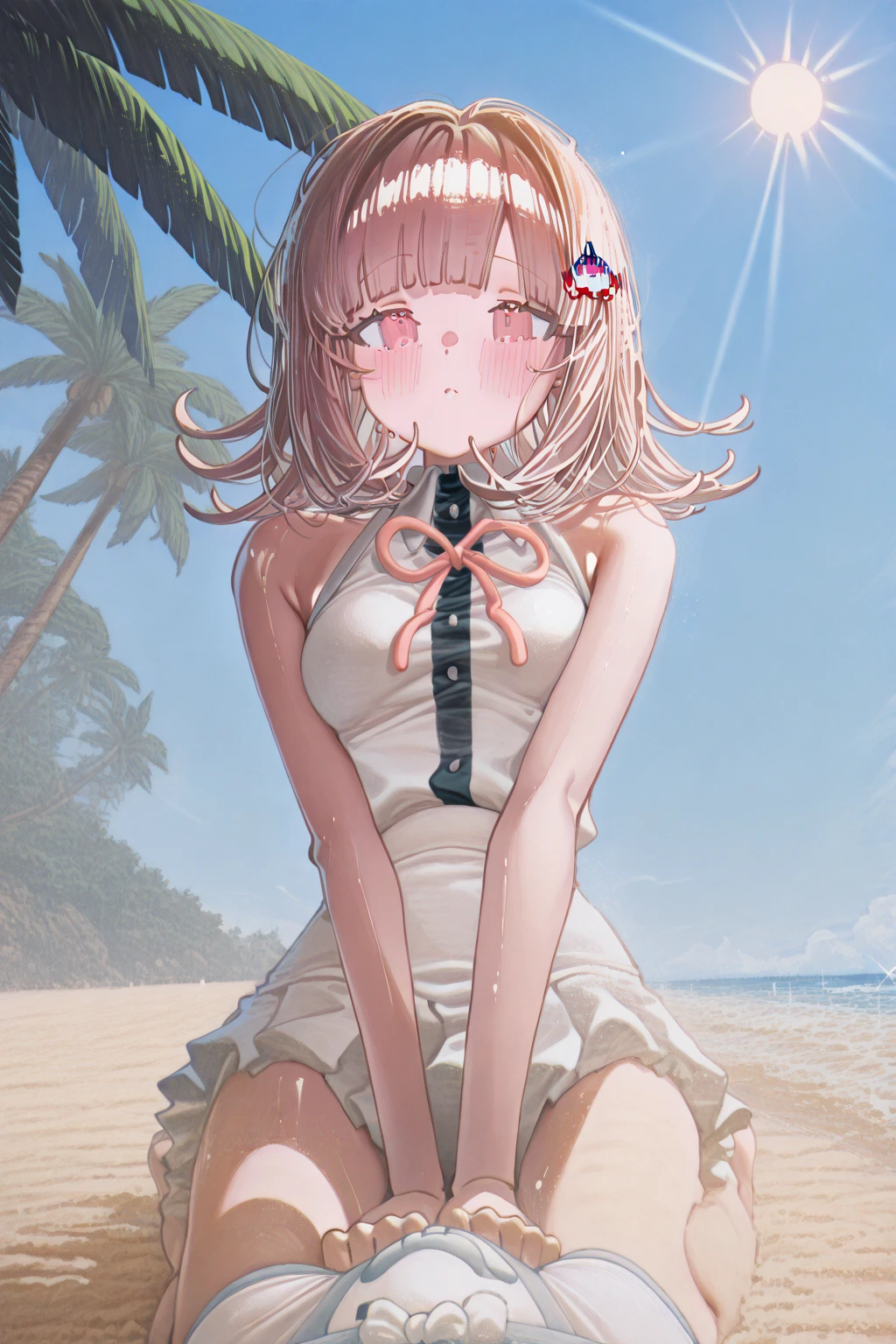 a girl standing in shallow ocean water under a clear blue sky. She has a sun-kissed complexion and long, light brown hair with soft waves cascading over her shoulders. She is wearing a two-piece swimsuit with a strap around the neck; the top is bandeau-style with a halter neck strap, featuring a coral pink color with white polka dots. The top has a sweetheart neckline, accentuated with a small frilly detail along the edge, and it is underwired, providing structure. The matching bottoms have a similar frilly detail along the waistline. Her posture is relaxed yet playful as she gently touches her midriff with both hands, and she offers a soft, engaging smile, her head tilted slightly to the side, adding a sense of approachability to her demeanor.