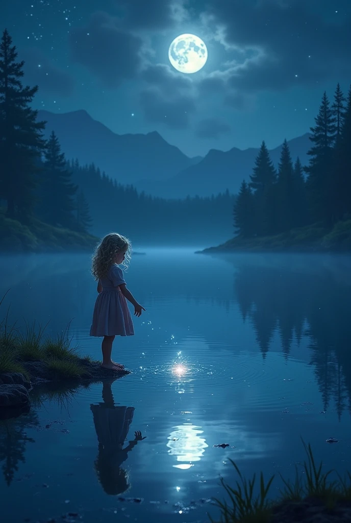 Scenery Night Sky Lake Firefly Brilliant Reflection Girl Cute Blue Eyes Mysterious Secluded