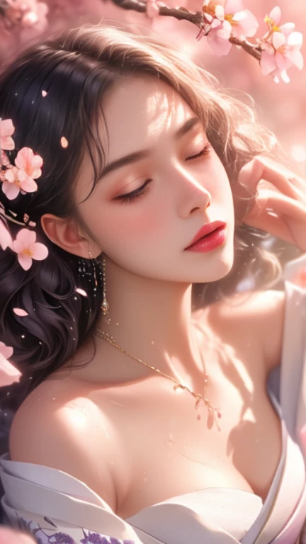 stunning beauty, Aesthetic, Oil painting style, thick coating, Women with incomparable style, Exquisite facial makeup, Black hair, long hair and waist, long eyelashes, Dark brown pupil eyes, exquisite nose, Lip balm, Inseparable strands, Beautiful posture, Graceful curves, Plump ideal type, Super special exaggerated huge breast weight, Bold, Elegant, Extravagant artistic acts, romanticism, (Fractal Art), Vibrant colors, Sunny glare smooth skin, Professional photo close-ups, Brutalist design, Explore Victoria's Secret, blush, flower petals, Vivid colors, The most beautiful chaotic shapes, Colorful, Colorful and magnificent, From  above, from the front side