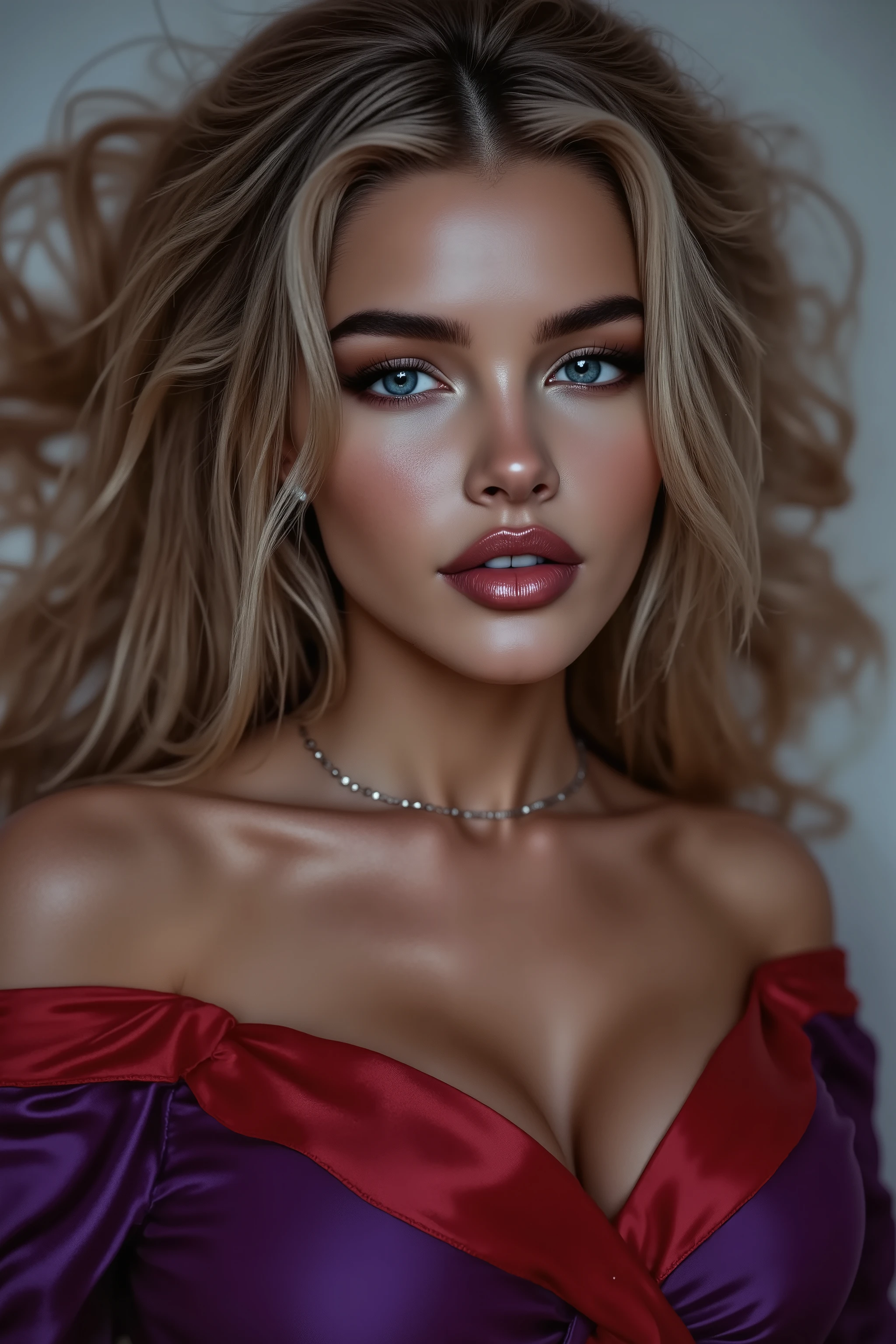 A beautiful girl in a red and purple satin swimsuit, highly detailed portrait, elegante Pose, cinematographic lighting, fotorealistisch, 8K, best quality, Meisterwerk, intricate details, volumetric lighting, hyperrealistic skin , detailed facial features, faszinierende Augen, Lush lips, lange Wimpern, weich, Strahlende Haut, flowing silver dress , Anmutige Bewegung, Heiterer Ausdruck, atmospheric background, cinematic frame