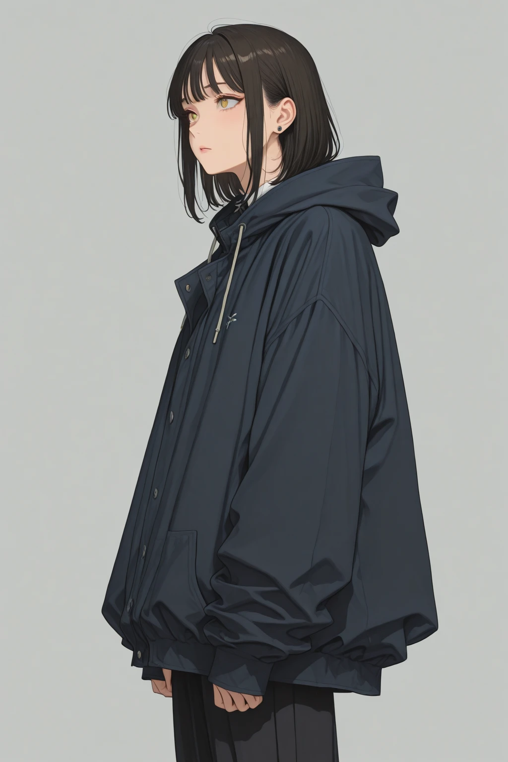 Very thin, very tall girl, 1 girl, (((front view))), in the frame from the waist, black hair, small breasts, in a long black leather raincoat,