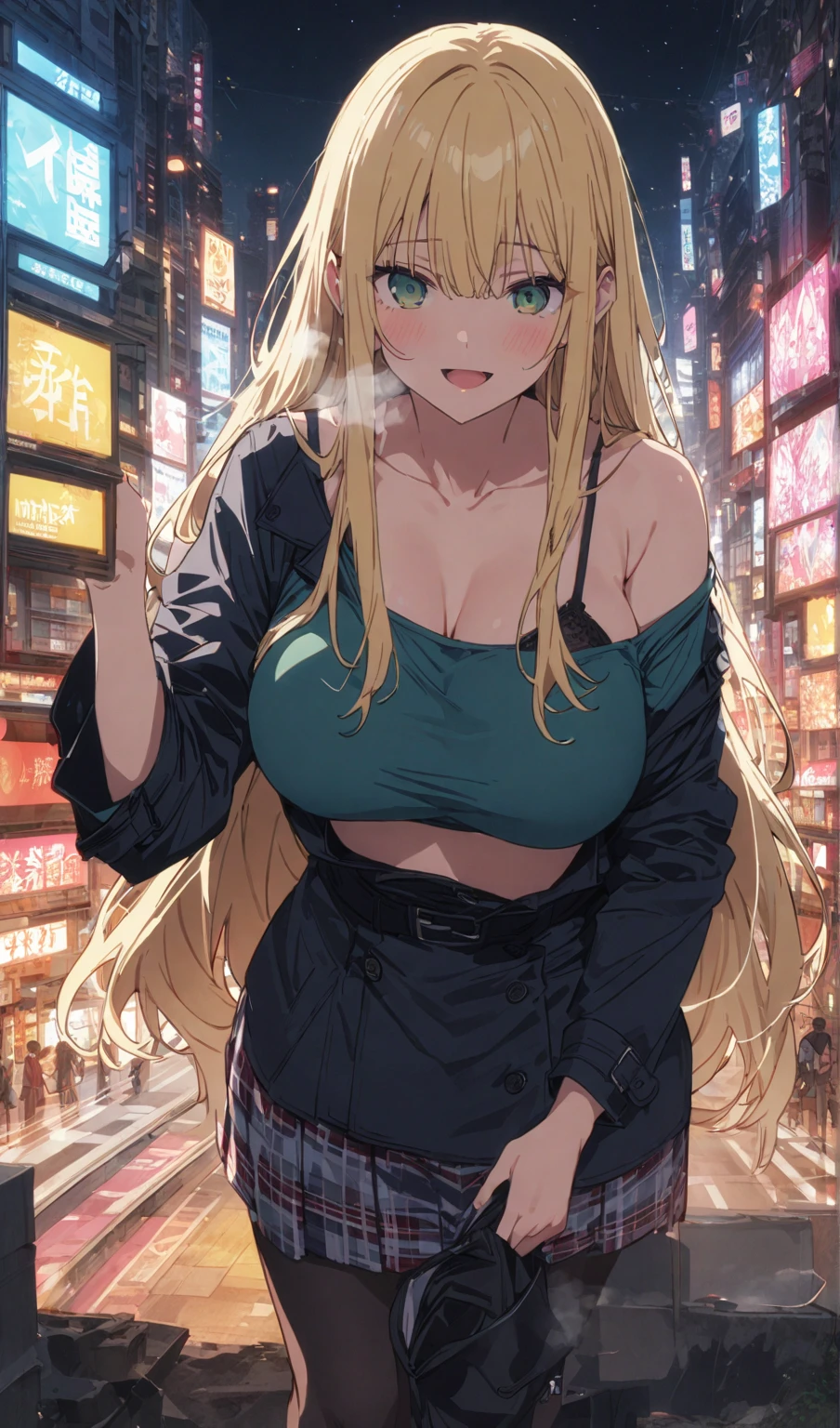 masterpiece, best quality, highres, 4k, 8k, intricate detail, cinematic lighting, amazing quality, amazing shading, soft lighting, Detailed Illustration, anime style, wallpaper,1girl,,tsunade_(naruto), 1girl, blonde_hair, brown_eyes, breasts, large_breasts, long_hair, forehead_jewel, nail_polish, red_nails, ninja, black_pants, coat, green_coat, grey_shirt, shirt,Cyberpunk City, Street, Night, neon light, neon sign,,floating droplets of water