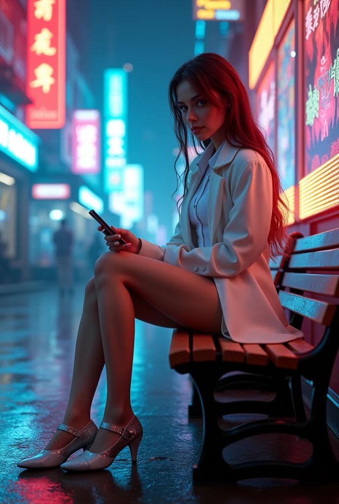 8k, Highest quality, (The beauty of pubic hair)、High resolution, Realistic, Real person、Bustling street at night、On a park bench illuminated by neon lights、(I'Drunk on the bench, I close my eyes and fall asleep.)、(Drunk, Her legs are wide open、Underwear is visible.)、((Falling off a chair and going to sleep))、Micro Mini Skirt、Beautiful legs、High heels、(Holding a bottle of wine)