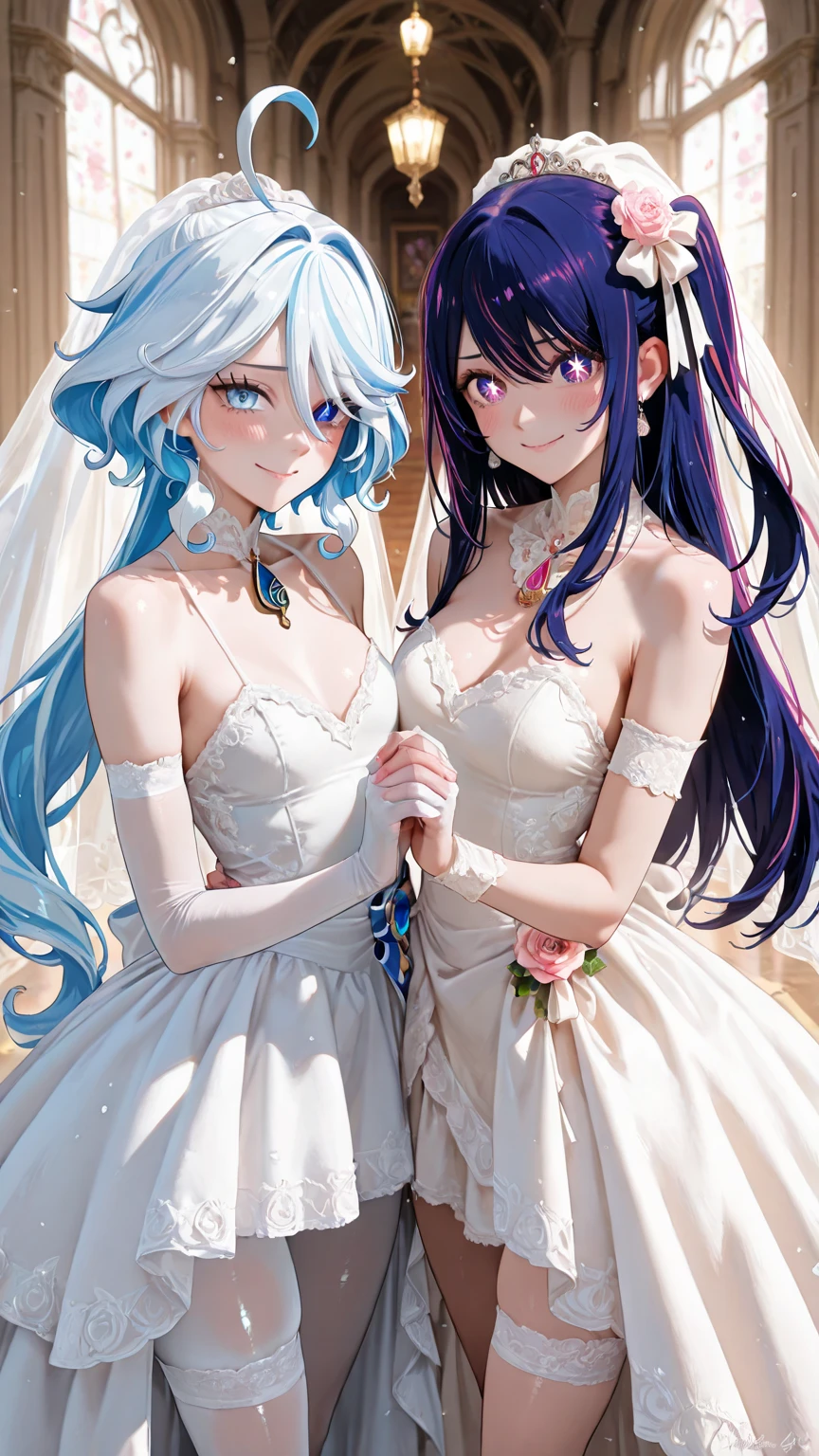 masterpiece, best quality,,full body,,
looking at the viewer,

(((2girl))),[
,[long hair,(((bright blue Hair))),gold eyes,(((dark skin)))]
,[short hair,(((bright blue Hair))),gold eyes,(((dark skin)))]
, ((holding a bouquet)),blue rose bouquet,Hold out the bouquet towards the center,
open mouth smile,black Tailored fit dress,
]
I'm in a flower garden,
Stand with your feet shoulder-width apart