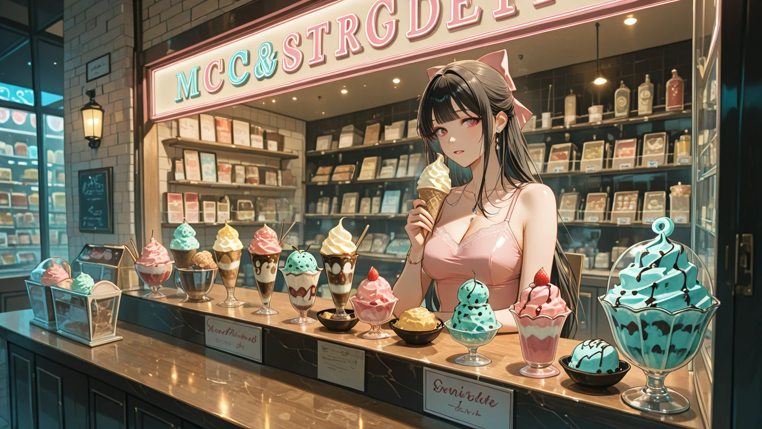 "(best quality), anime style, (sexy woman), (ice cream:1.3), (food on face:1.2)"
