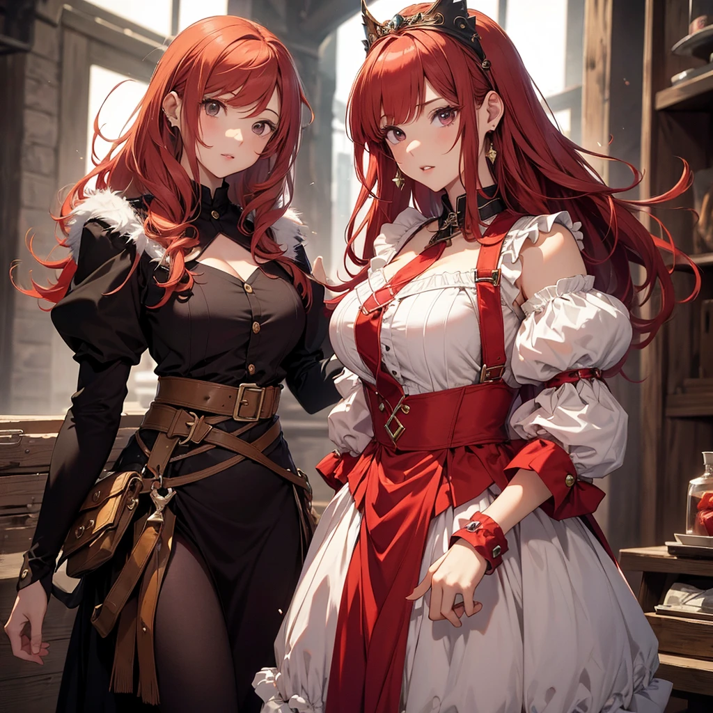 Princess with embarrassment to see with crossed arm shy in dress hot with big breasts red hair. 