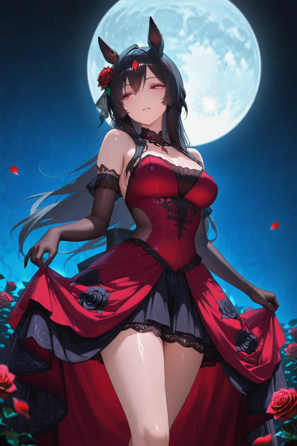 Vast landscape photography, (A view from below overlooking the sky and wild nature), (32K), 1 girl, cute, Ruby Effect, Red Theme, Long black hair, ( Beautiful red eyes:1.4), Eyes Wide Open, eyelash, puppet, (Half closed eyes:0.7), dancing and martial poses on a red and black floral bed with a Flemish dress, Flemish, (Giant Ruby Necklace 1.5)), (Perfect hands:1.4), ((Shining Ruby:1.3)), ((Shining Ruby Gemstone Background)), The pieces fly, Highest quality, Very detailed, masterpiece,,reflection light, high details, uhd, best quality, 16K