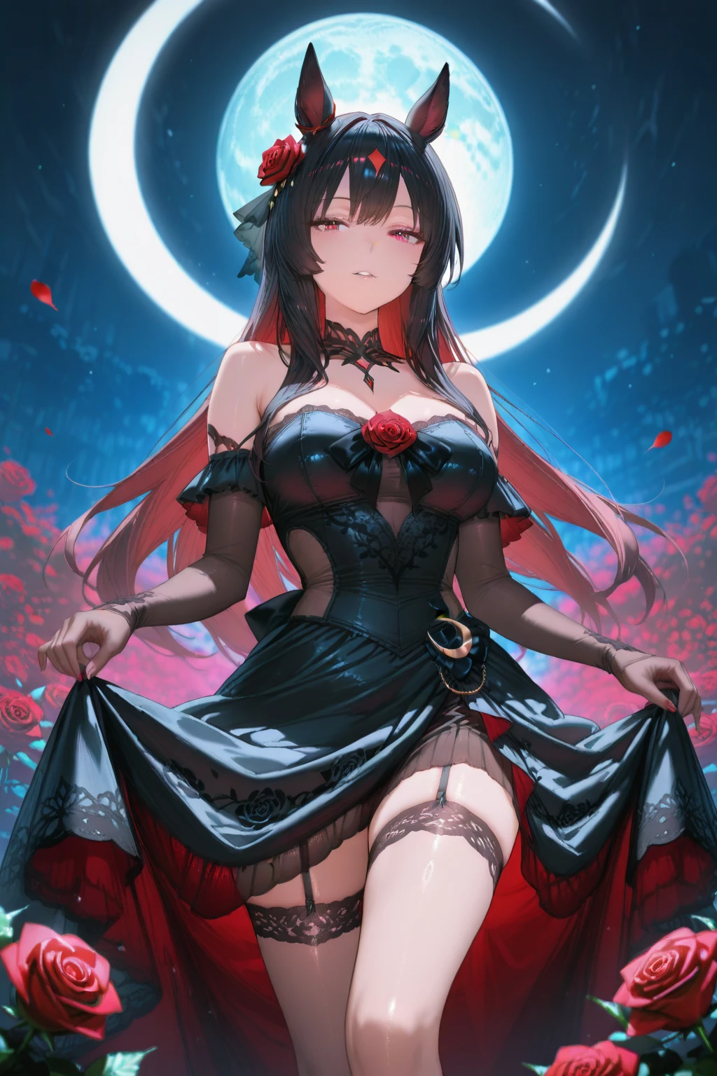 Ultra-realistic 8K CG, masterpiece, best quality, a seductive K-pop idol, solo, big ass, provocative pose, sensual expression, hentai undertones, shimmering micro miniskirt revealing ample curves, high heels, long flowing hair, big round eyes with seductive makeup, detailed facial features, blowing a red rose between her lips. The background is a starry night with a full moon rising, creating an ethereal and alluring atmosphere. The overall composition is balanced and harmonious, with the idol's pose and expression drawing the viewer in.