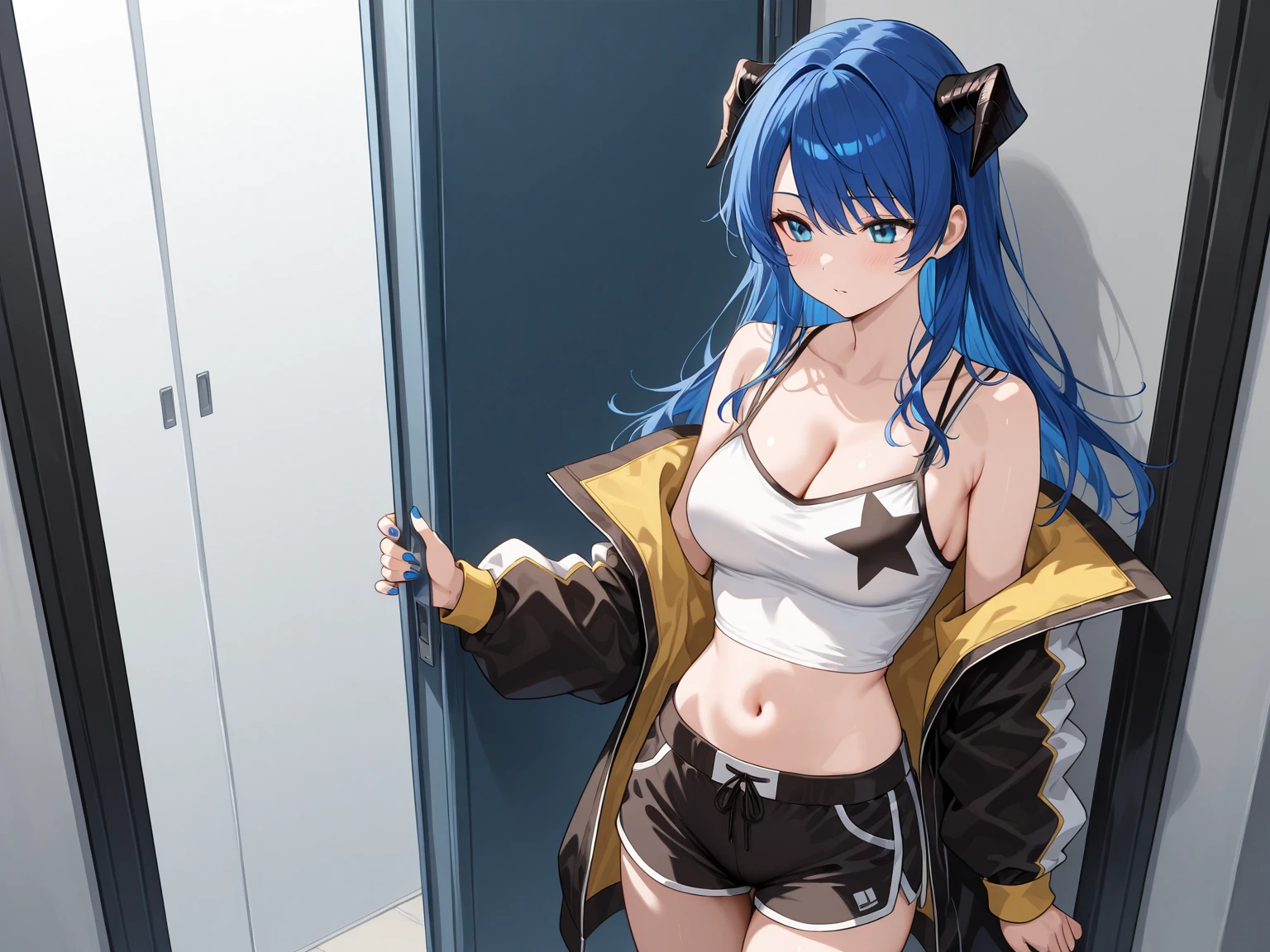 masterpiece, Highest quality, One girl, alone, (Upper Body), nishizumi shiho, Blunt bangs, compensate, smile, Cleavage, Prostitute costume, blush, Blue Hair,Brown skin,Blowjob gestures,Fat Lips, lipstick, Curved body, Bikini Tops, Jacket, Jeans pants, Short shorts, tattoo, belly button, (nightclub), club, Shiny floor, colorful, Ray Tracing,