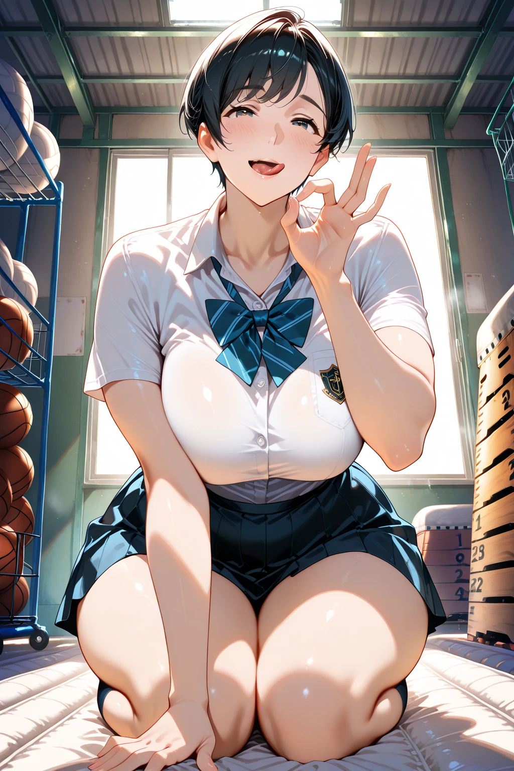 1 Japanese girl, glasses, blush, (slim body:1.2), (huge breasts:1.1), (slender legs:1.1), short hair, black hair, white T-shirt, jeans,