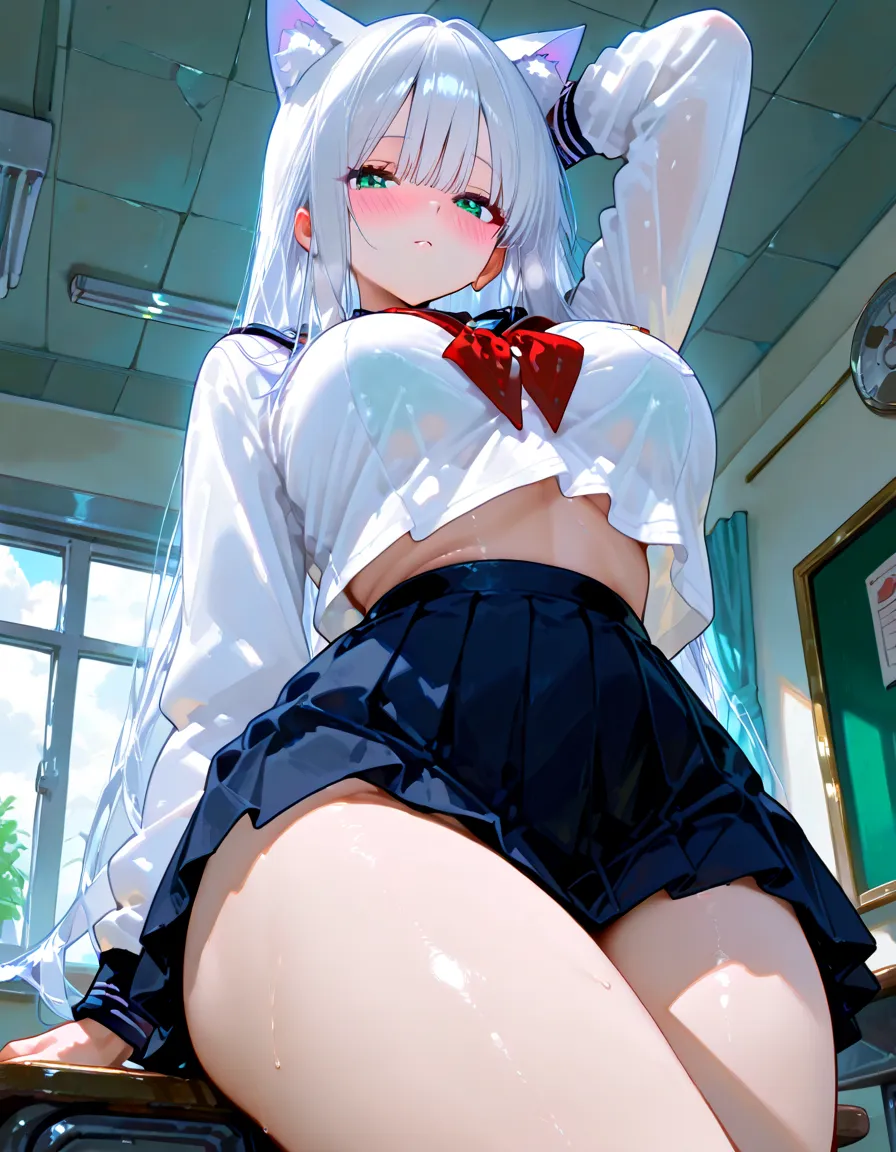 1 girl and 1 boy having sex, boy put his penis into girl's vagina, girl moaning, girl cumming out, girl drooling, can see girl's bare breasts, girl show nipples, rough sex, girl open legs, There's cum dripping from her pussy and body, cum drip, no underwear, no bra, no panties, red lips, eye shadow, large breasts, (split), seductive face, full blush, clear blush, (highres:1.2), ultra detailed, detailed face, detailed eyes, ((masterpiece)),(best quality),((very detailed)), ((cinematic lighting)), (dynamic angle), detailed lighting, (beautiful and delicate eyes), sweaty body, Mature and excited body, vibrant, Delicate and beautiful fingers, Detailed beautiful legs, windy, belly, lifted skirts, gloves, looking at viewer, Super Detail, Ultra-realistic body, Shiny skin, Glossy detailed hair texture, Black dark eyeshadow、Dark smile、24-years-old、Expressions of intense sexual pleasure、Expression of sexual pleasure amid suffering、Super seductive pose、Heavy makeup、Gothic Lolita Clothing、Chest glistening with sweat、The room is dark、Bell Sleeves、Wizard Sleeve, long hair, silver hair, ponytail, mature female, classroom, indoor, sailor dress, bag, red ribbons
