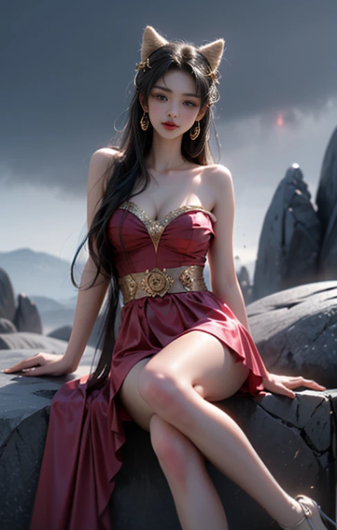 8k,artwork,Modern Hanfu,clavicle, ((bare shoulders)), ((whole body)), actual, Fashion girl, red lips, aldult, cosmetic, big eyes, beautiful eyes, ((whole body)), ((from below)), (best quality, masterpiece:1.2), super detailed, (actual:1.37), ((Sexy long legs)), beautiful, young and energetic, Charming model with (exquisite eyes, Detailed lips, extremely exquisite eyes), Show a bright smile, Create stunning girl images, warm color, Extremely high color saturation, official art, Extremely detailed CG unified 8k wallpaper,(high dynamic range :1.4), (Work),(pastel colors, The color is dull, soothing tone :1.3), (natural skin texture, ultra-actual, soft light, sharp),(Very detailed), night, moonlight, ((in the mountains, plant, Leaning against the rocks)),fox ears,fox tail,delicate face,The eyes are full of disdain,Princess's face,whole body,red dress,big breasts,Cleavage close-up,delicate face,Being pinched by the neck,