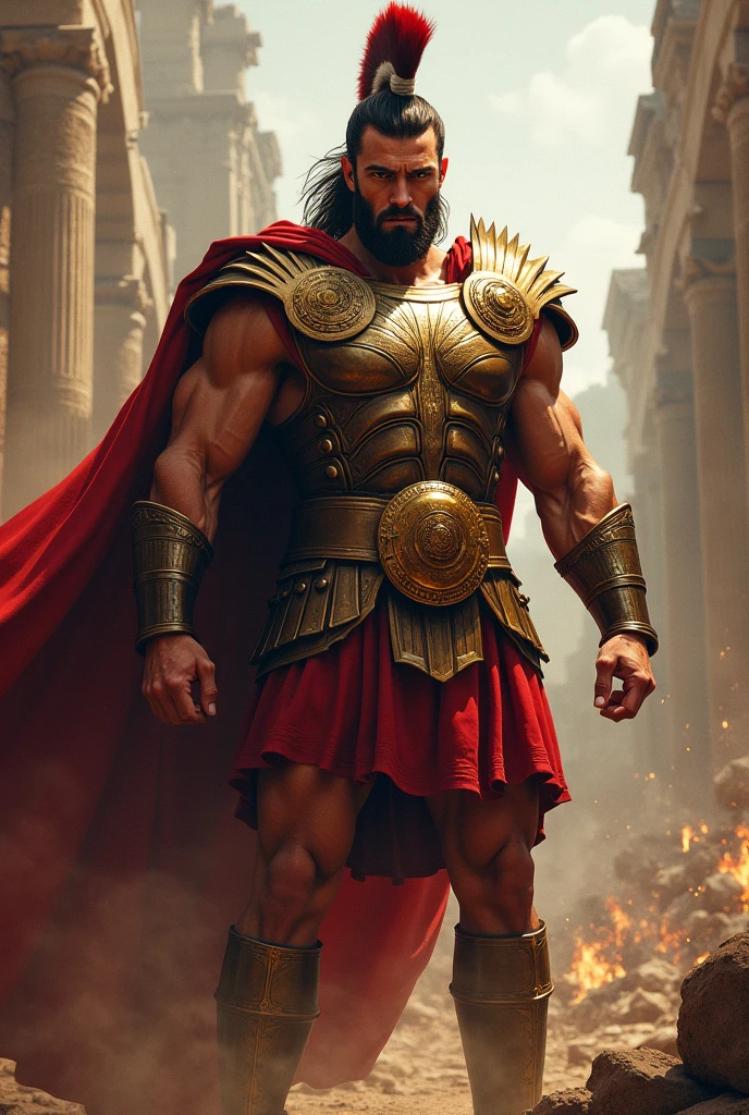 powerful gladiator, bare chest, lower body revealed from thighs to feet, long cascading curls, detailed muscular physique, Realistic representation, 4k resolution. bottom: Colosseum during a spectacular sunset,32k UHD, Best Quality, masterpiece, Super detail, High details