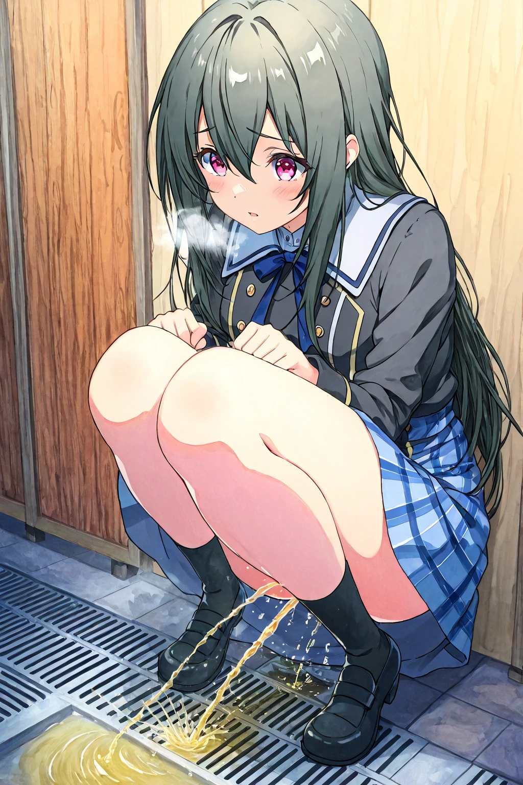 One girl,  High resolution, masterpiece, Use of bright colors、 Ana , Seraphim, (Pink Hair:0.6), (Purple Hair:0.7), Braided Ponytail, Small breasts,、(classroom),blush、 (child), (Long sleeve,see-through),(skirt lift),(kneeling on desk),(fear),(Ecstasy)、pussy juice,From below,From below
