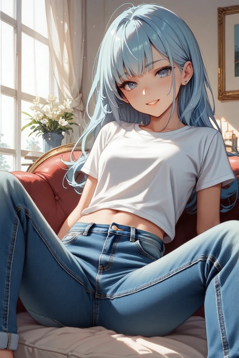 Gal、Wearing a tank top、Sitting on the couch、hair is gray、laughing、Around 25 years old、Anime style illustrations