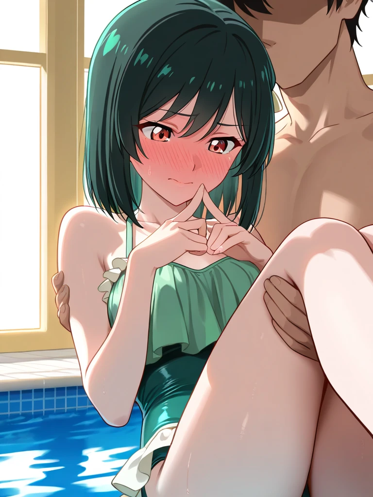 nude, no panties, detailed face, hands behind back, small breasts, cute, embarrassed, nipples, black hair, black eyes, short hair, embarrassed, blushing, shy, poolside, focus on face, smiling