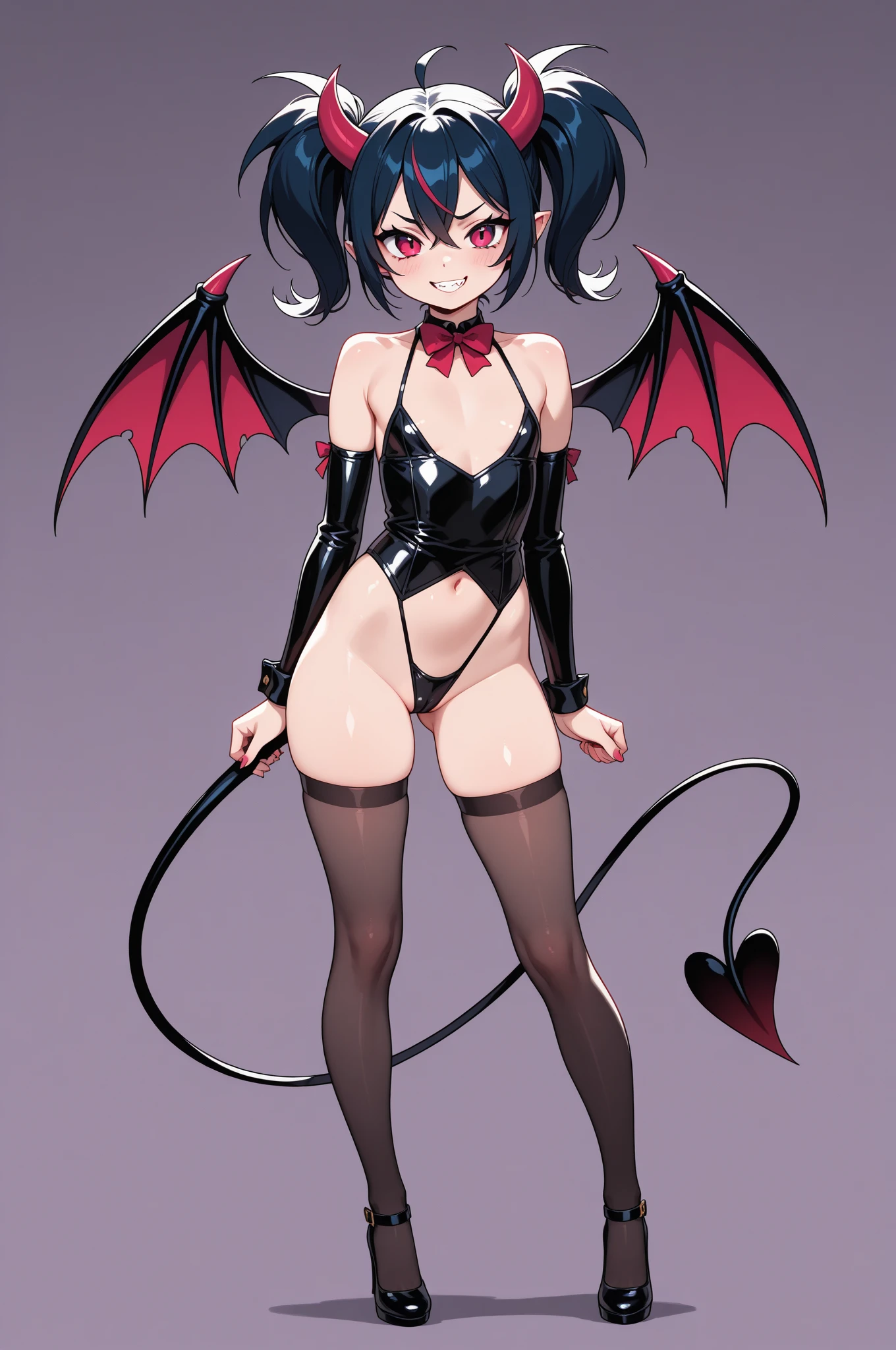 masterpiece, best quality, 1girl, xen, succubus, black hair, red hair, purple eyes, demon horns, bare shoulders, dress, stockings, demon wings, simple background <lora:XenSuccubus:1>